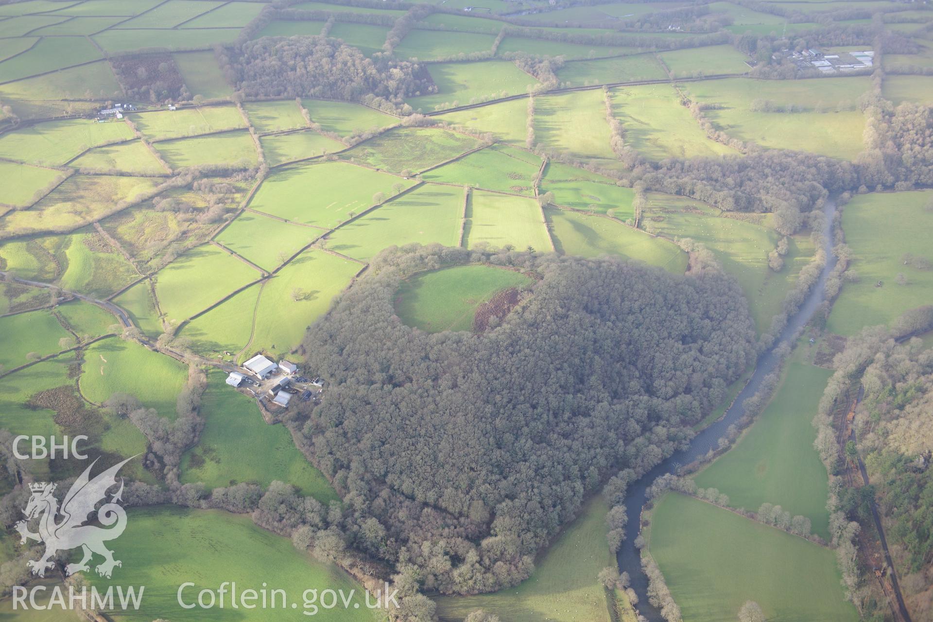 Craig Gwrtheyrn Hillfort. Oblique aerial photograph taken during the Royal Commission's programme of archaeological aerial reconnaissance by Toby Driver on 6th January 2015.