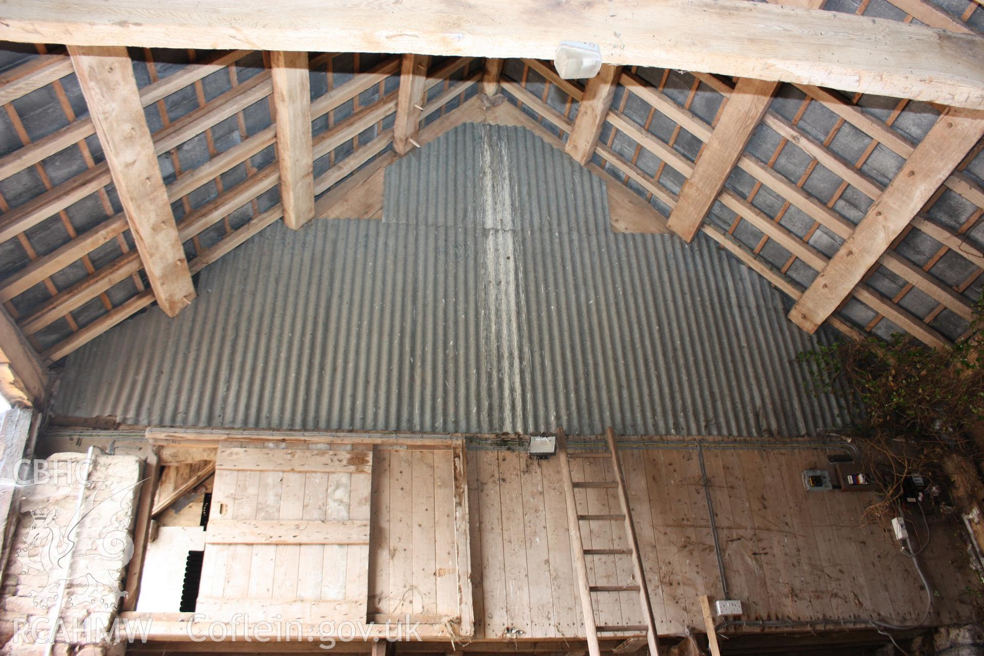 Corrugated iron roof and wooden beams and panelling at Marian Mawr. Photographic survey of Marian Mawr in Cwm, Denbighshire by Geoff Ward on 20th August 2010.