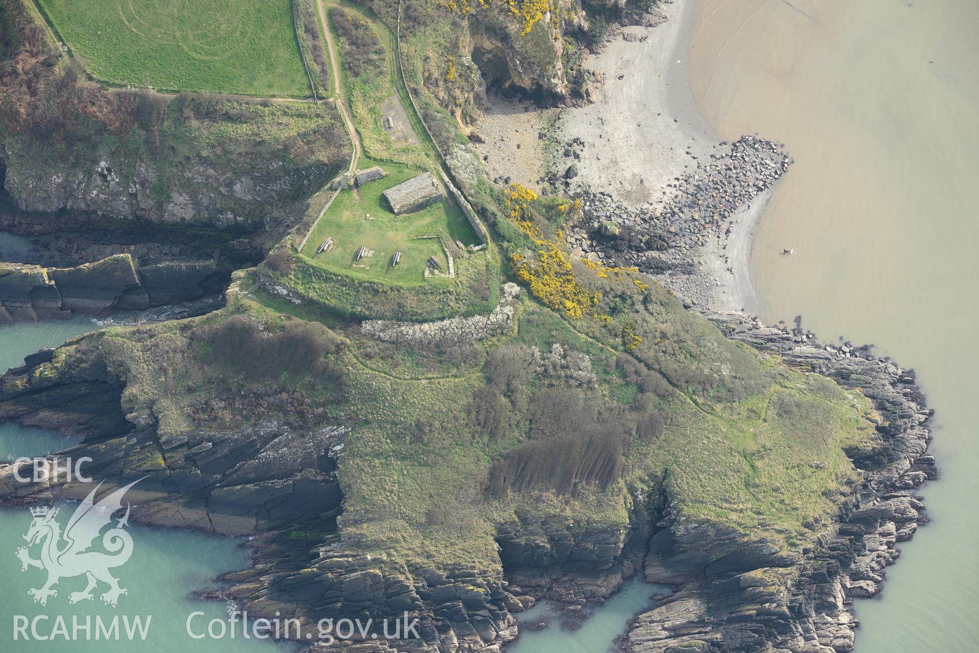 Aerial photography of Fishguard Fort taken on 27th March 2017. Baseline aerial reconnaissance survey for the CHERISH Project. ? Crown: CHERISH PROJECT 2017. Produced with EU funds through the Ireland Wales Co-operation Programme 2014-2020. All material made freely available through the Open Government Licence.