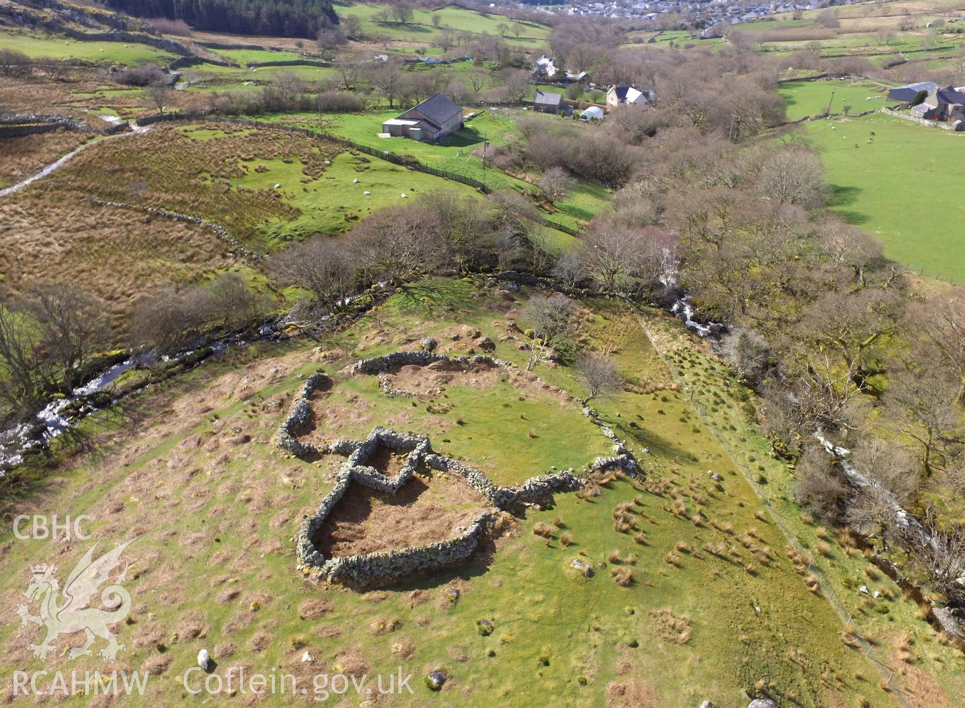 Colour photo showing aerial view of the ruins of Gwernsaeson-Fawr house, Bethesda, taken by Paul R. Davis, 18th April 2018.