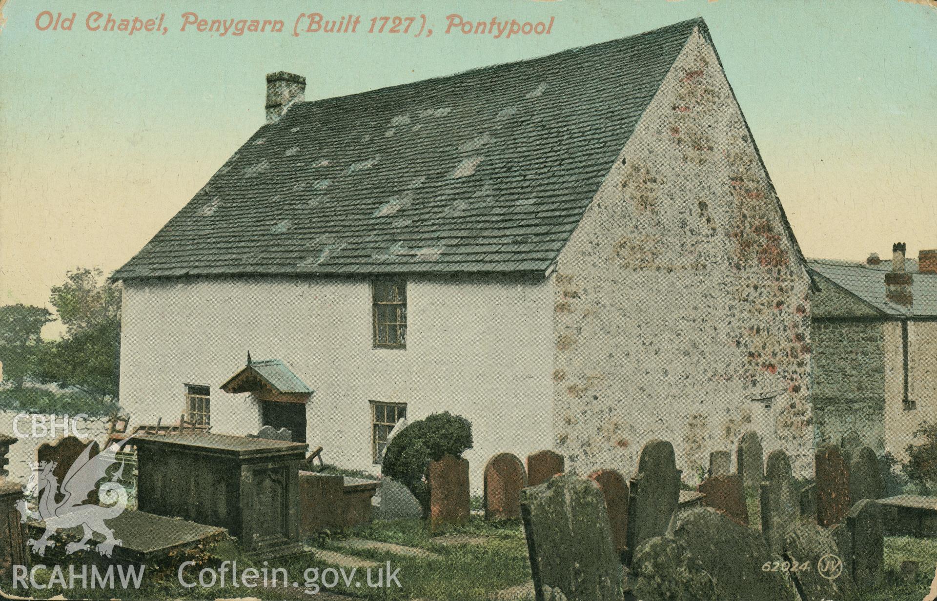 Digital copy of colour postcard showing exterior view of Penygarn Baptist chapel, Penygarn Road, Pontypool. Postcard part of 'Valentine's Series: Famous Throughout the World.' Loaned for copying by Thomas Lloyd.