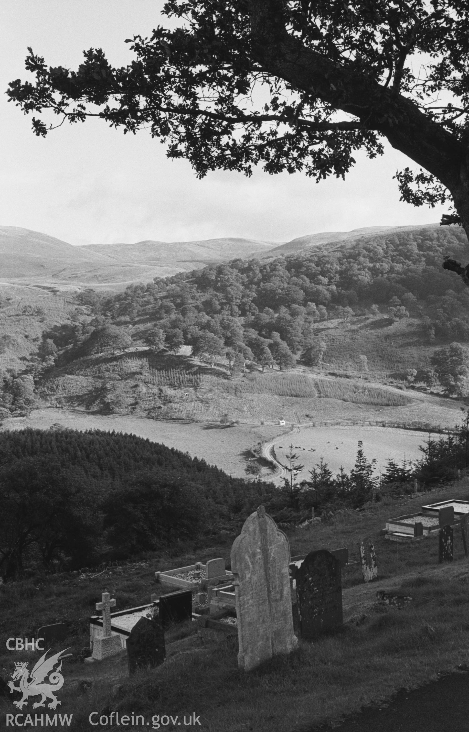 Digital copy of a black and white negative showing view from Hafod Uchtryd church, Eglwys Newydd, to Pant Melyn, with Nant Gam on the left. Photographed in September 1963 by Arthur O. Chater from Grid Reference SN 7688 7369, looking south south east.