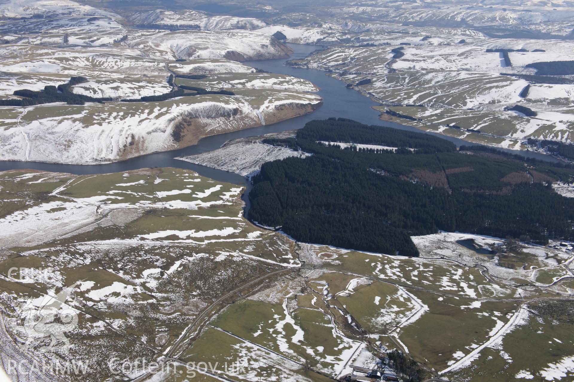 Llyn Clywedog reservoir, Llanidloes. Oblique aerial photograph taken during the Royal Commission's programme of archaeological aerial reconnaissance by Toby Driver on 2nd April 2013.