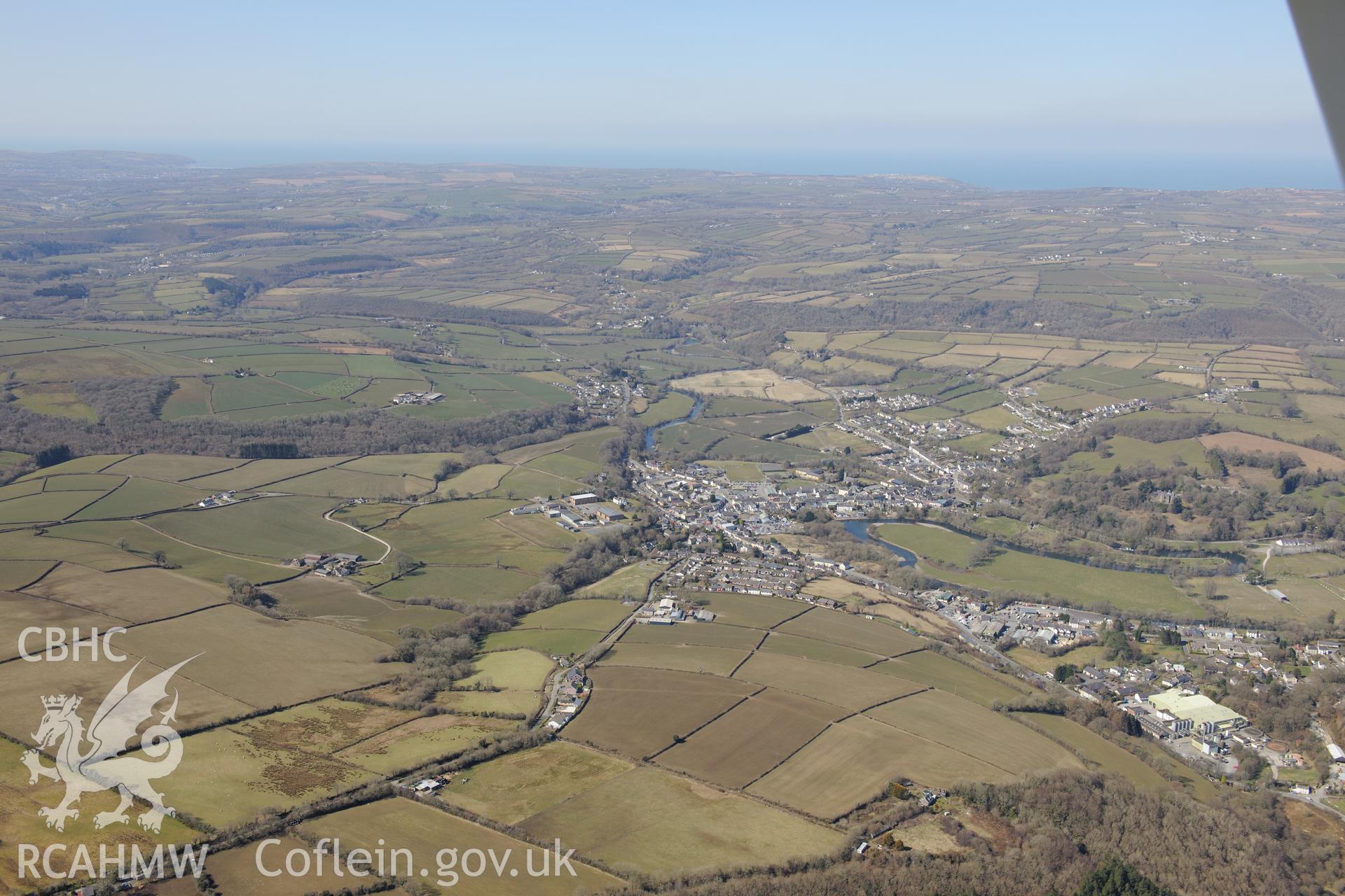 Newcastle Emlyn. Oblique aerial photograph taken during the Royal Commission's programme of archaeological aerial reconnaissance by Toby Driver on 2nd April 2013.