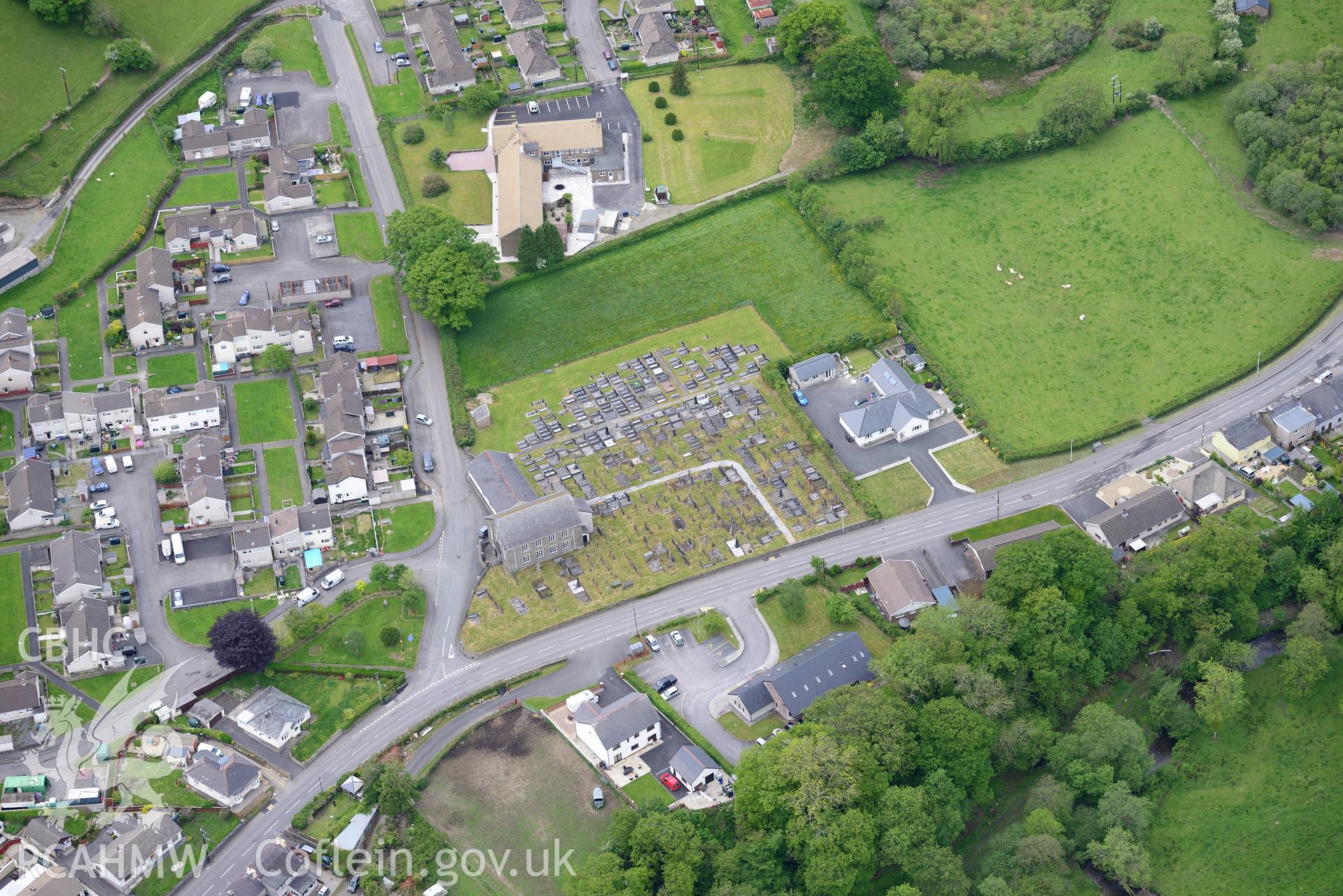 Aberduar Welsh Baptist Church at Llanybydder. Oblique aerial photograph taken during the Royal Commission's programme of archaeological aerial reconnaissance by Toby Driver on 3rd June 2015.