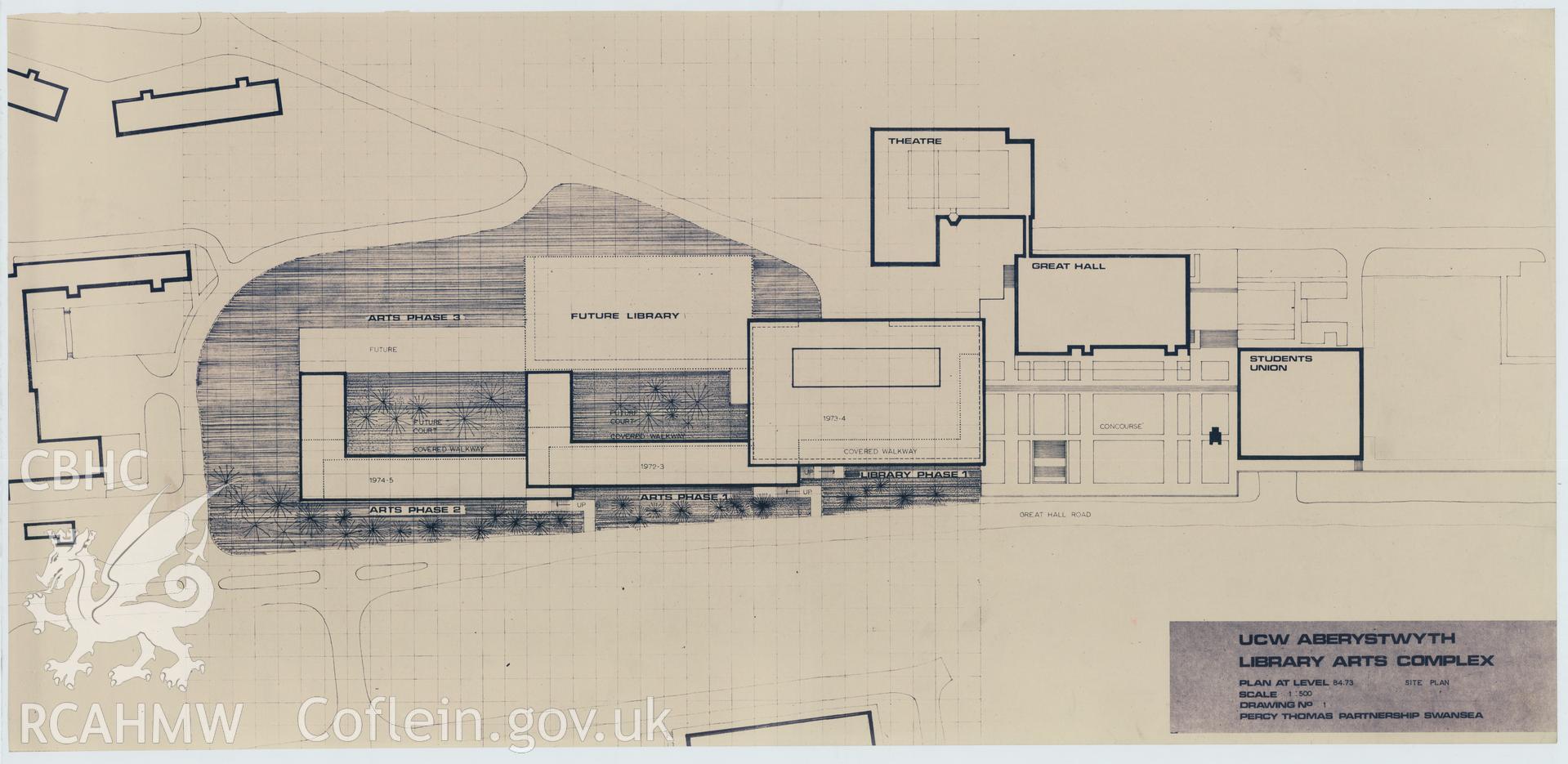 Digital copy of Drawing No 1, site plan of the proposed Library Arts Complex at University College Aberystwyth, produced by Percy Thomas Partnership. Scale 1:500