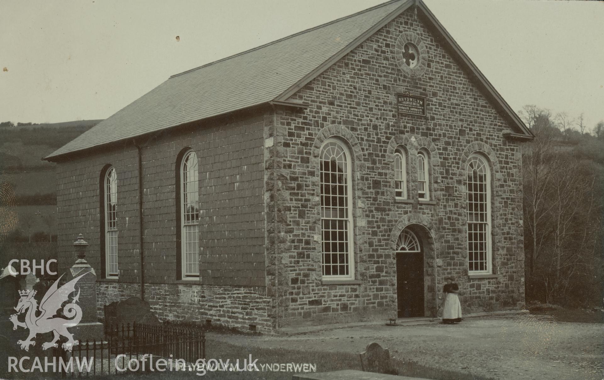 Digital copy of monochrome postcard showing exterior view of Rhydwilym Baptist Church, Clynderwen. Loaned for copying by Thomas Lloyd.