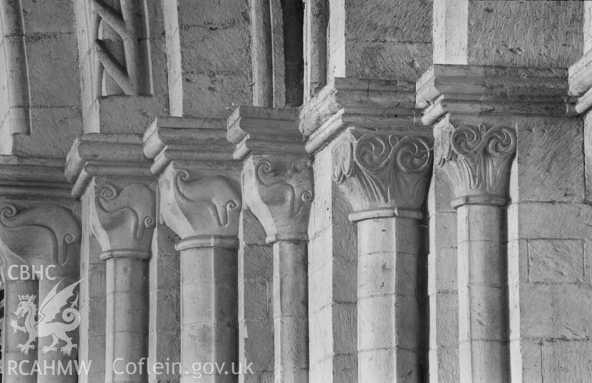 Digital copy of a black and white nitrate negative showing detailed view of capital at St. David's Cathedral, taken by E.W. Lovegrove, July 1936
