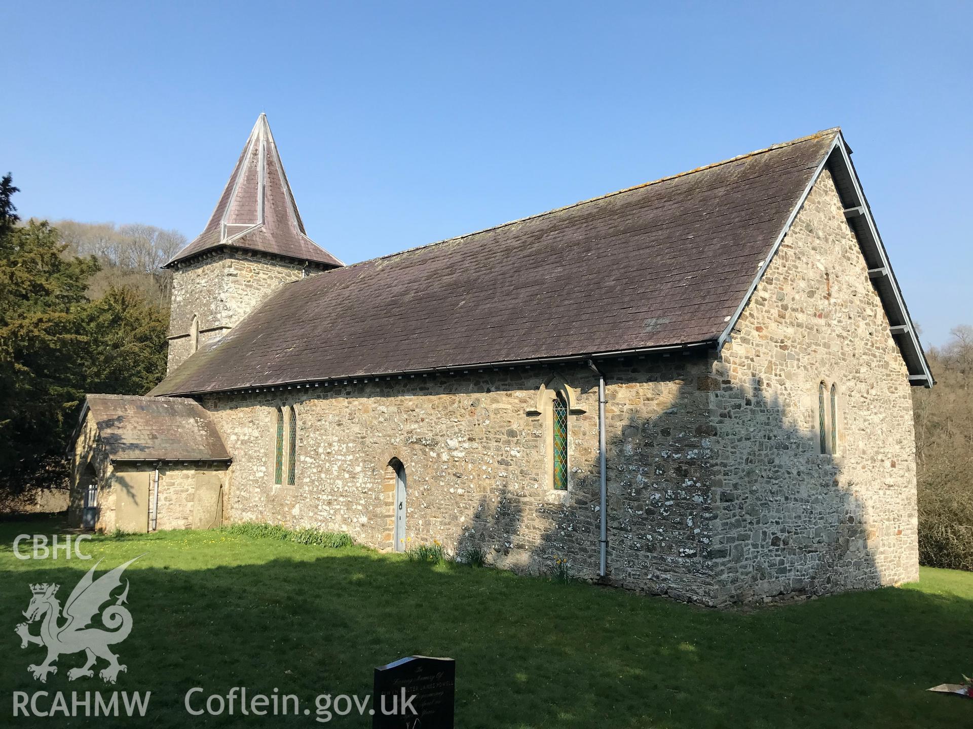 Colour photograph showing exterior view of Cefnllys church (dedicated to St. Michael), east of Llandrindod Wells, taken by Paul R. Davis on 30th March 2019.