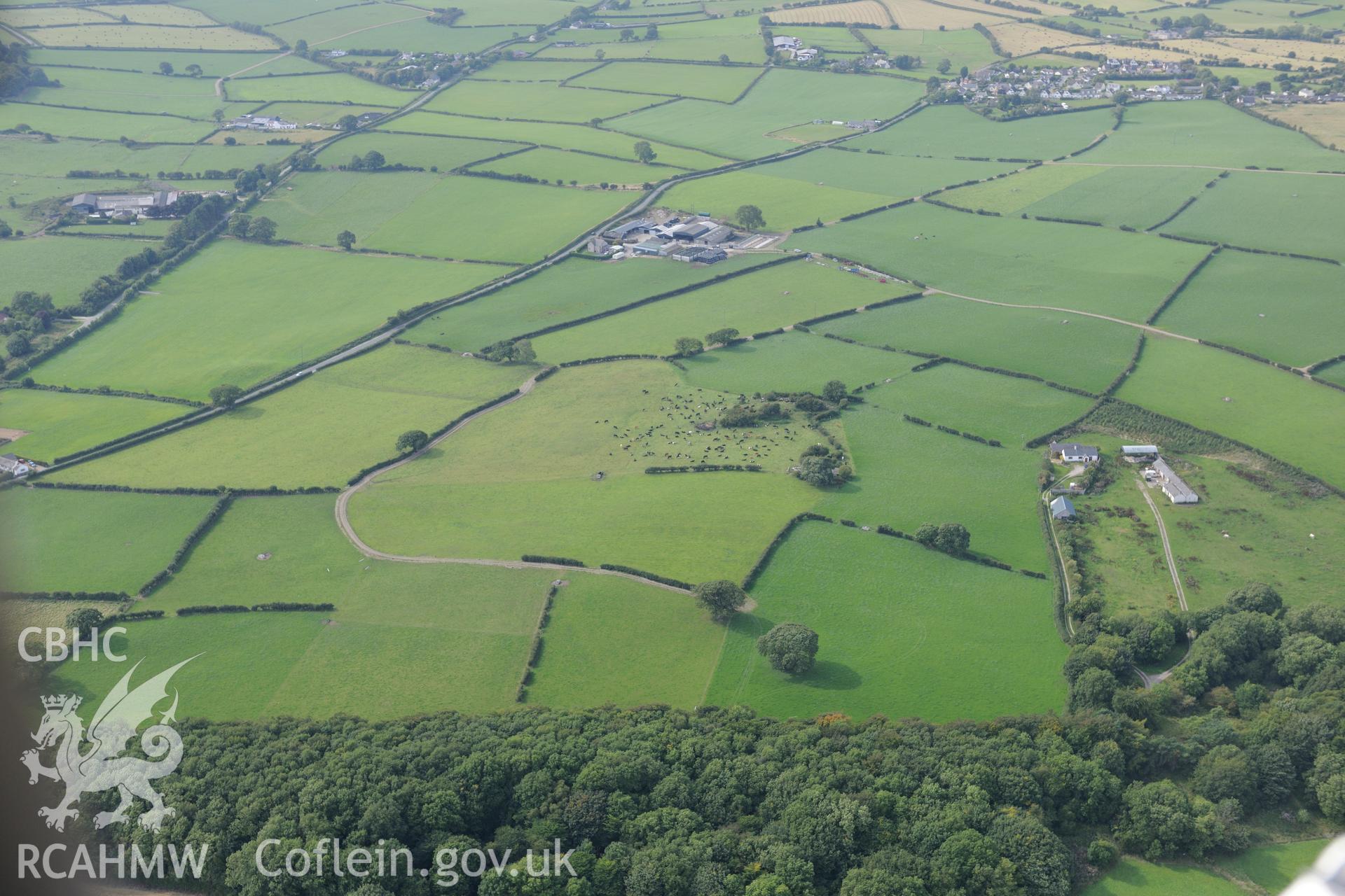 Mounds at Bryn Digrif, Whitford, near Holywell. Oblique aerial photograph taken during the Royal Commission's programme of archaeological aerial reconnaissance by Toby Driver on 11th September 2015.