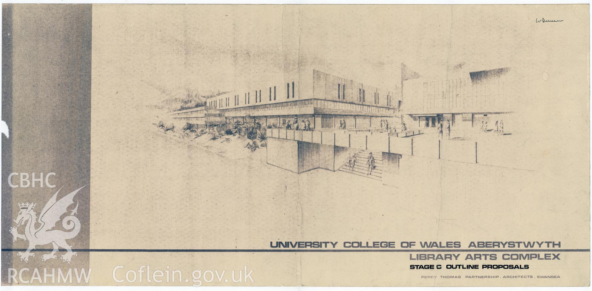 Digital copy of a perspective view of the proposed Library Arts Complex at University College Aberystwyth, produced by Percy Thomas Partnership.