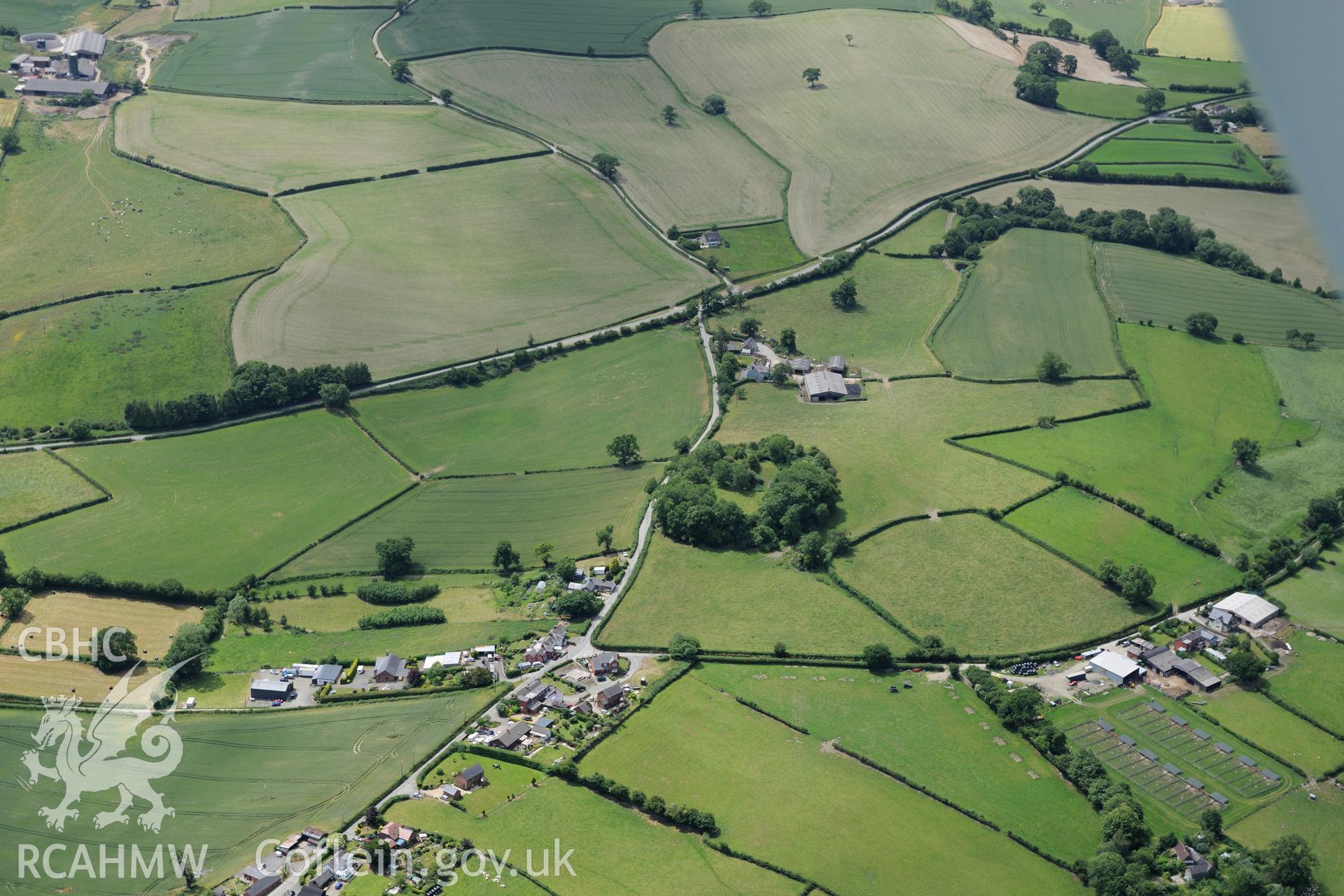 Hen Domen and Hen Domen farmhouse, north of Montgomery. Oblique aerial photograph taken during the Royal Commission's programme of archaeological aerial reconnaissance by Toby Driver on 30th June 2015.