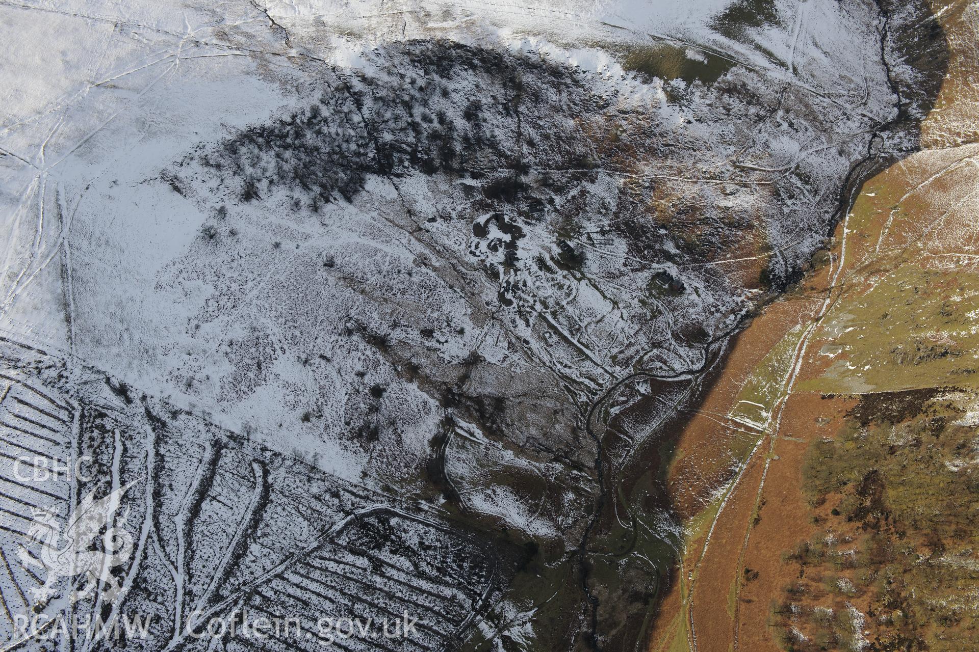 Site of Cwm Elan lead mine complex near Rhayader. Oblique aerial photograph taken during the Royal Commission's programme of archaeological aerial reconnaissance by Toby Driver on 4th February 2015.