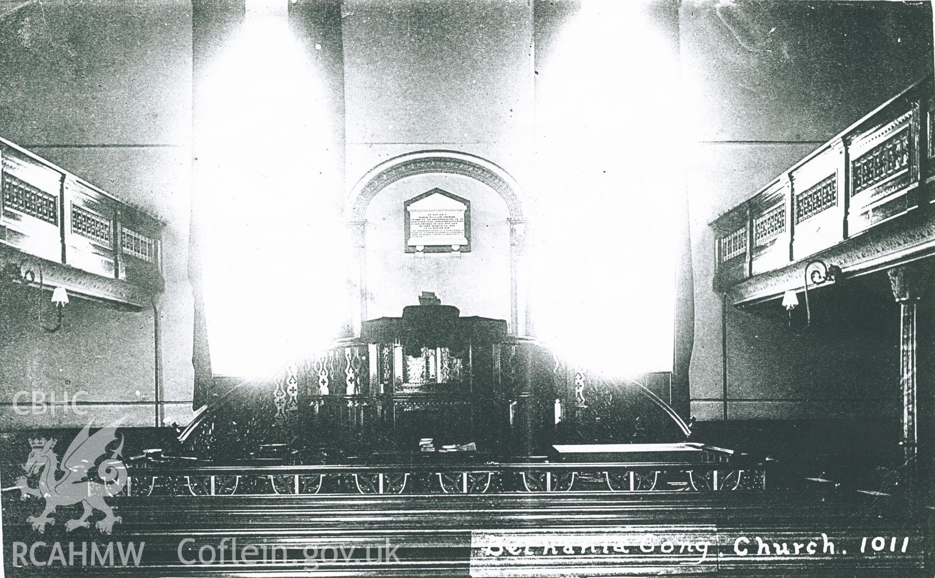 Black and white photograph showing interior of Bethania Chapel, circa 1911. Donated to the RCAHMW by Cyril Philips as part of the Digital Dissent Project.