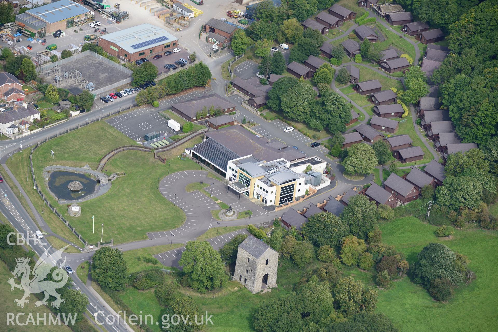 Clive engine house, Talargoch lead mine, Dyserth. Oblique aerial photograph taken during the Royal Commission's programme of archaeological aerial reconnaissance by Toby Driver on 11th September 2015.