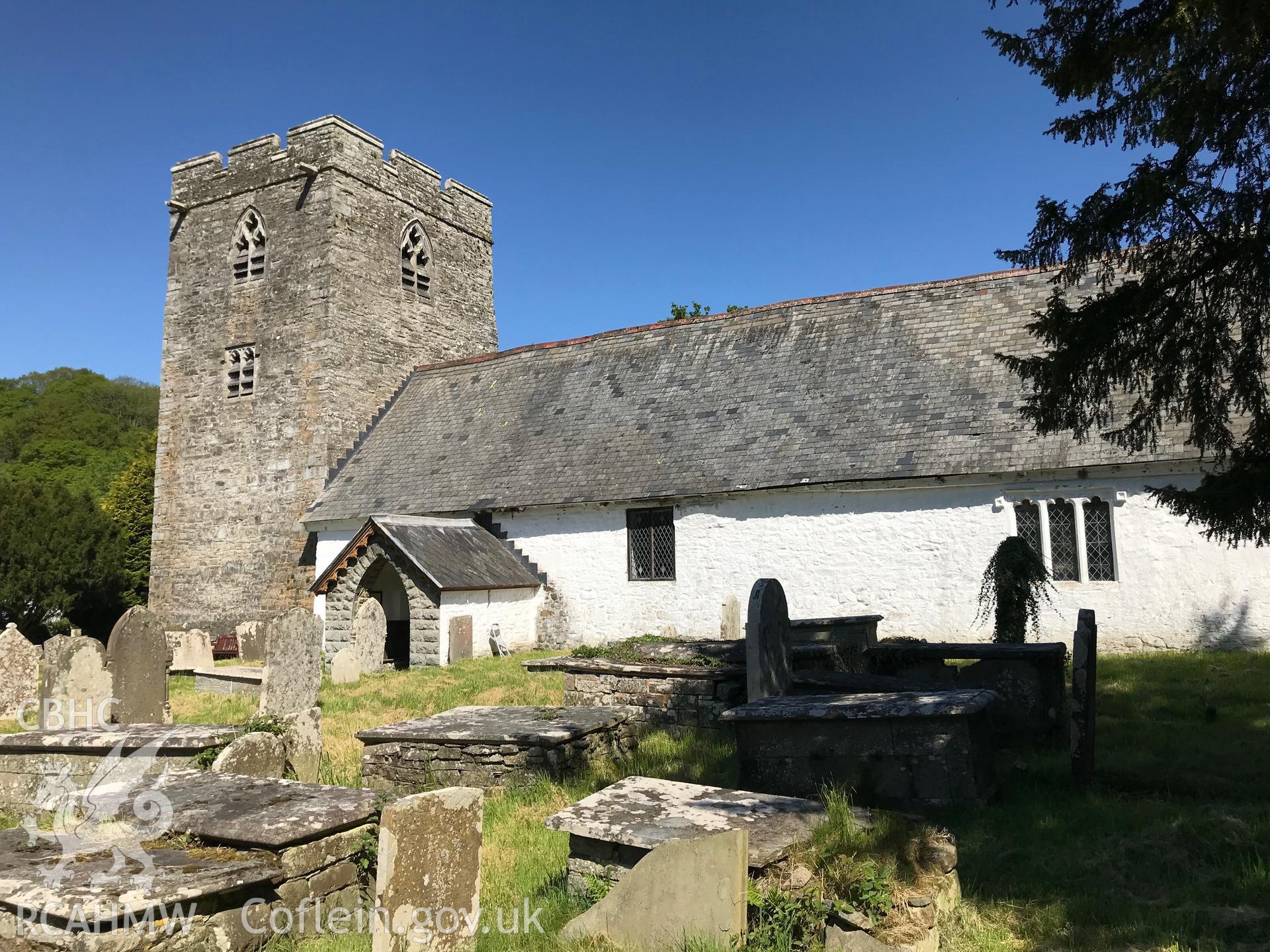 Colour photo showing exterior view of St. Cewydd's Church, Diserth, taken by Paul R. Davis, 19th May 2018.