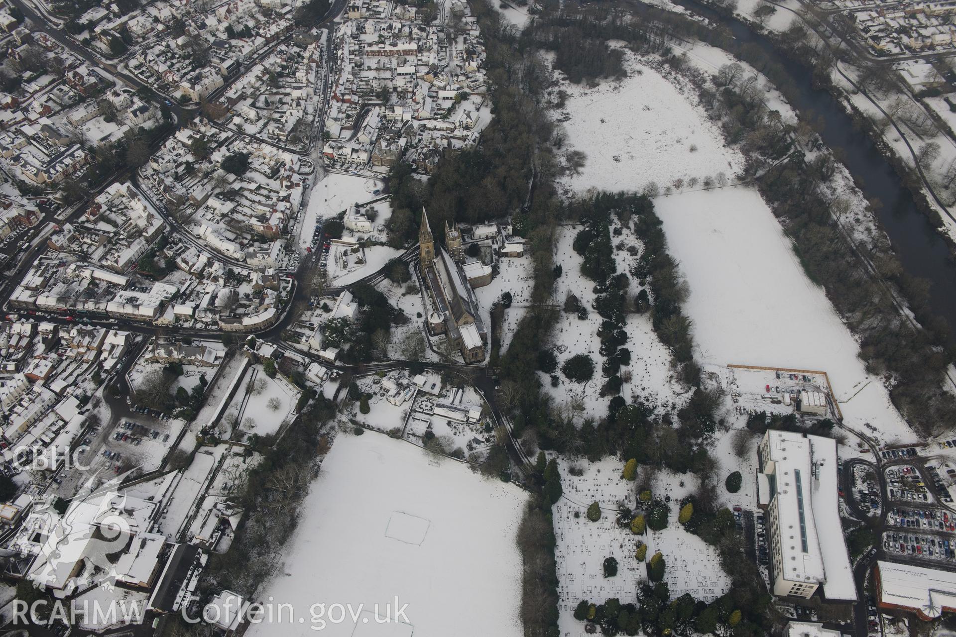 Llandaff Cathedral and Prebendal House, The Green, Llandaff, Cardiff. Oblique aerial photograph taken during the Royal Commission?s programme of archaeological aerial reconnaissance by Toby Driver on 24th January 2013.