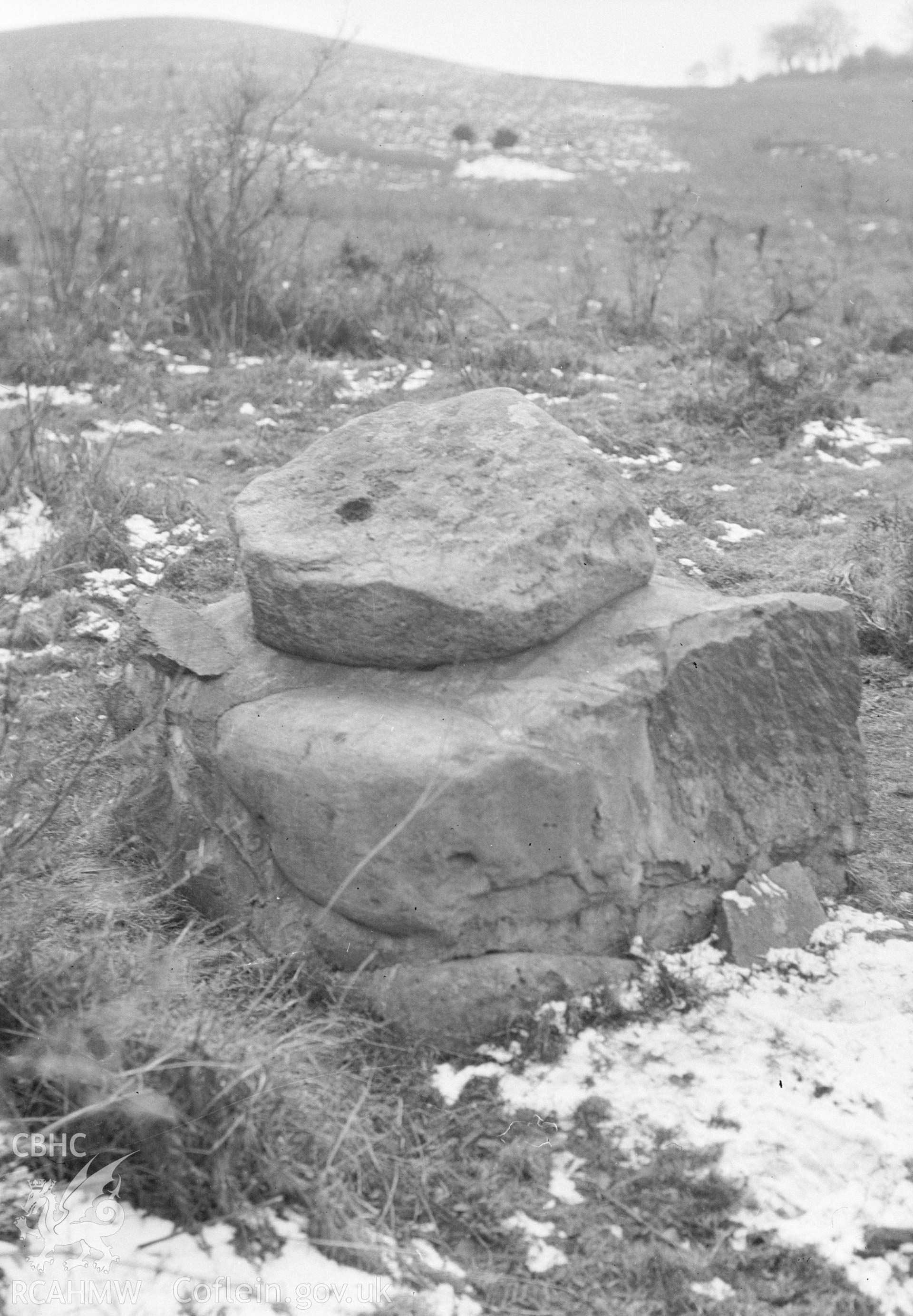 Digital copy of a nitrate negative showing Bwrddy Tri Arglwydd Boundary Stone. From the Cadw Monuments in Care Commission.