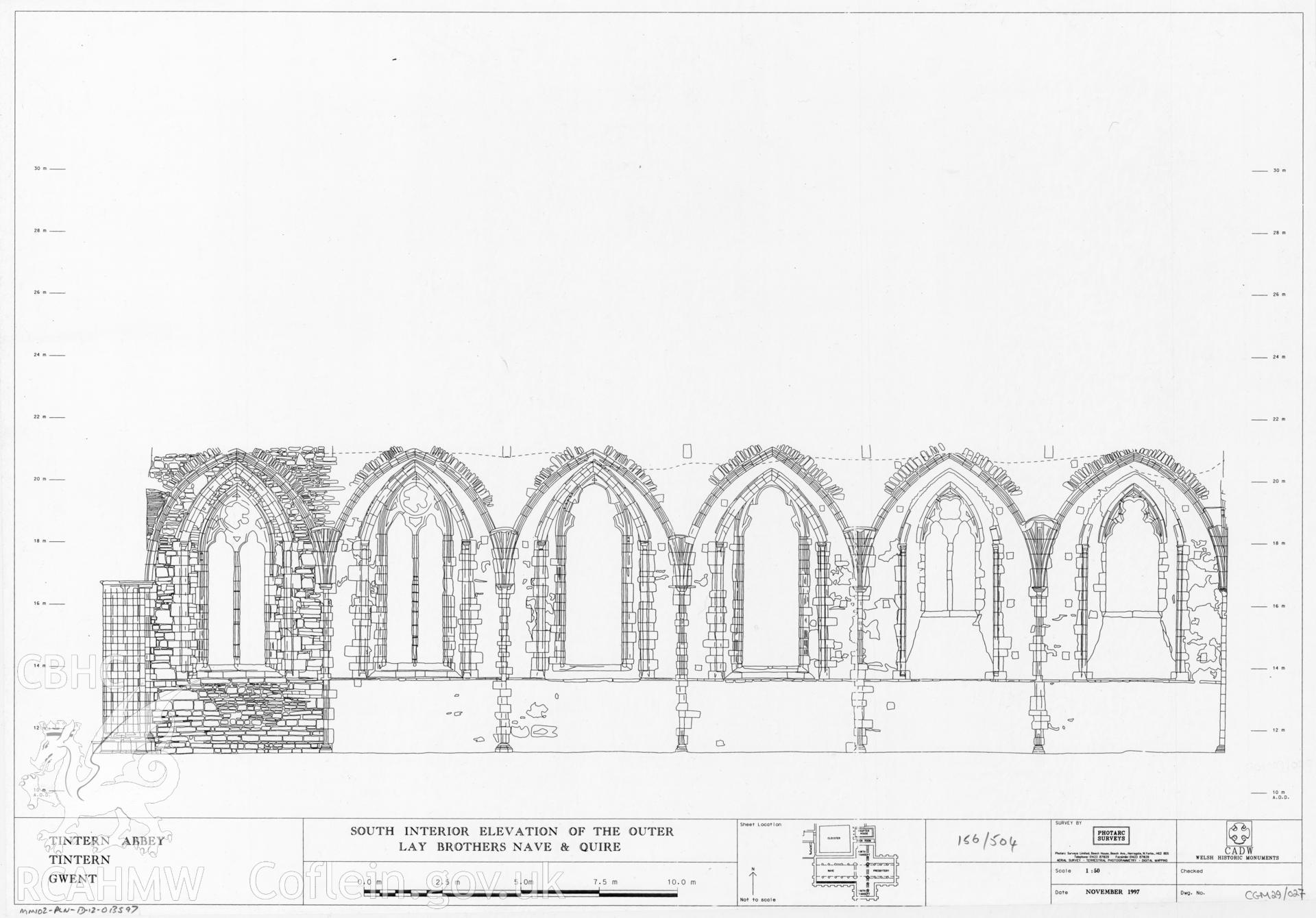 Digital copy of Cadw guardianship monument drawing of Tintern Abbey, south interior elevation of the outer lay brothers nave and quire, dated November 1997.