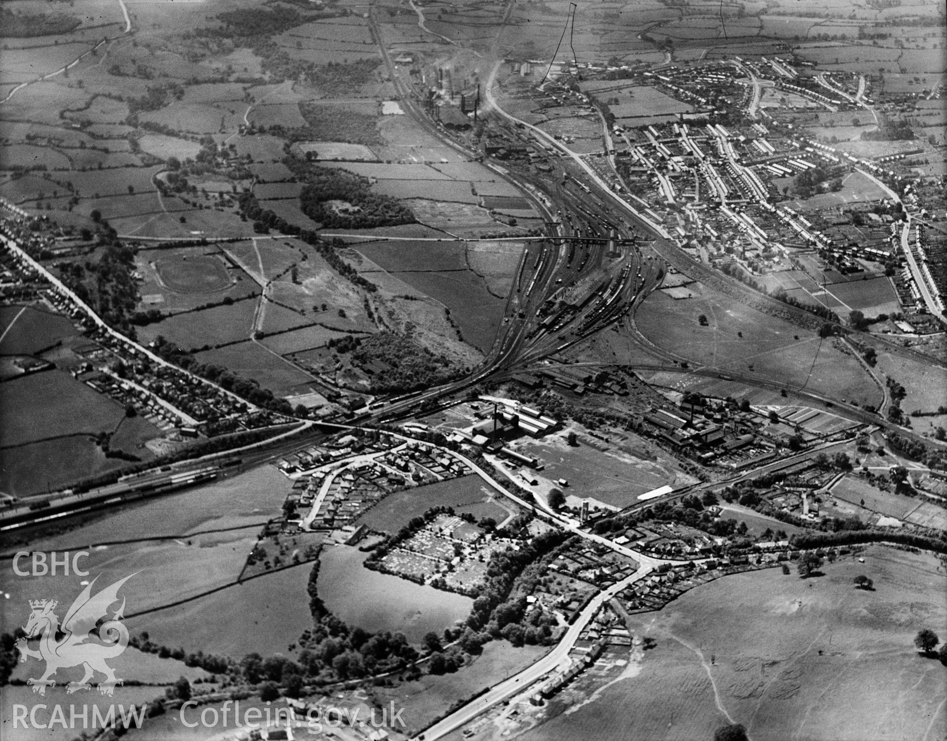 General view of Pontypool, oblique aerial view. 5?x4? black and white glass plate negative.