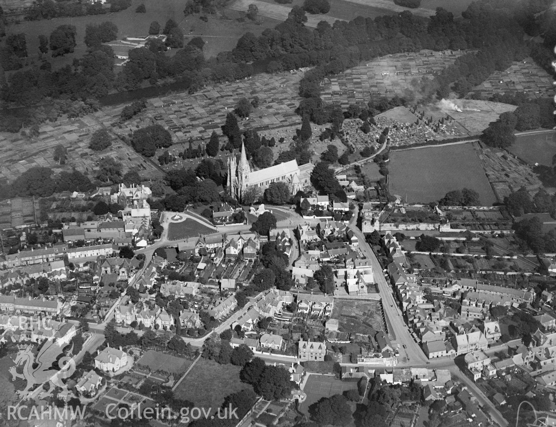 Llandaff Cathedral and surrounding area, oblique aerial view. 5?x4? black and white glass plate negative.