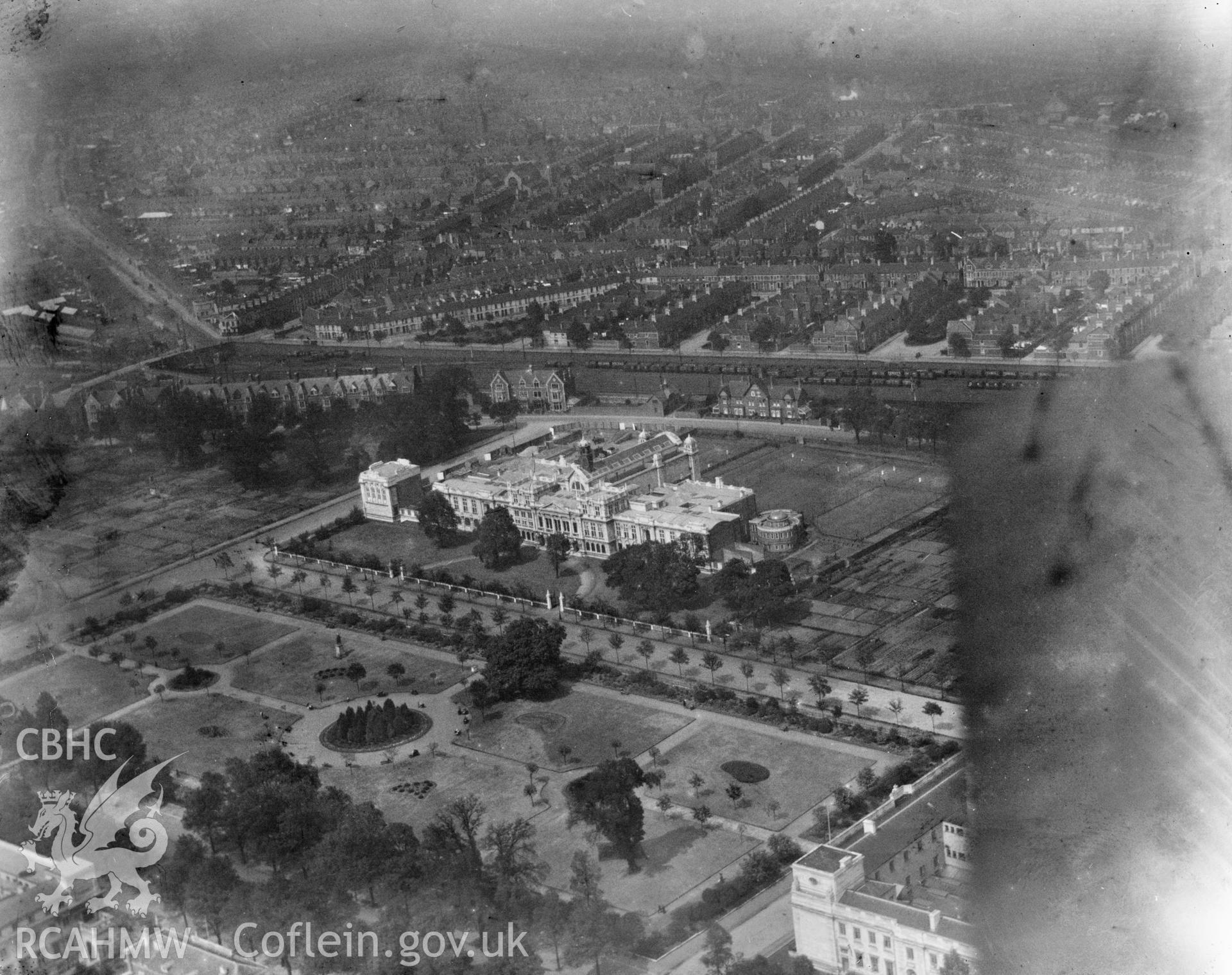 View of Cathays Park, Cardiff, showing University buildings, oblique aerial view. 5?x4? black and white glass plate negative.