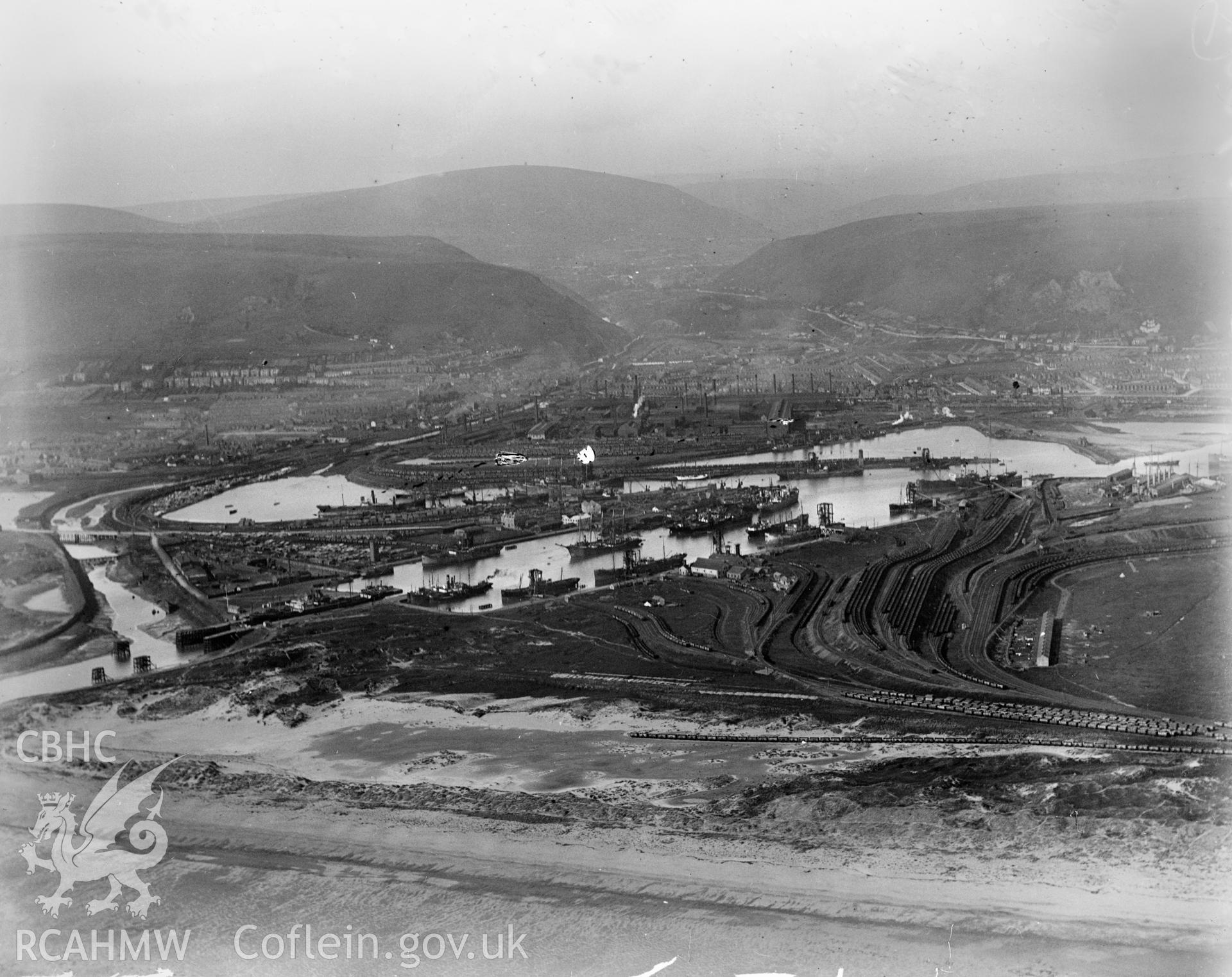 General view of Port Talbot showing docks, oblique aerial view. 5?x4? black and white glass plate negative.