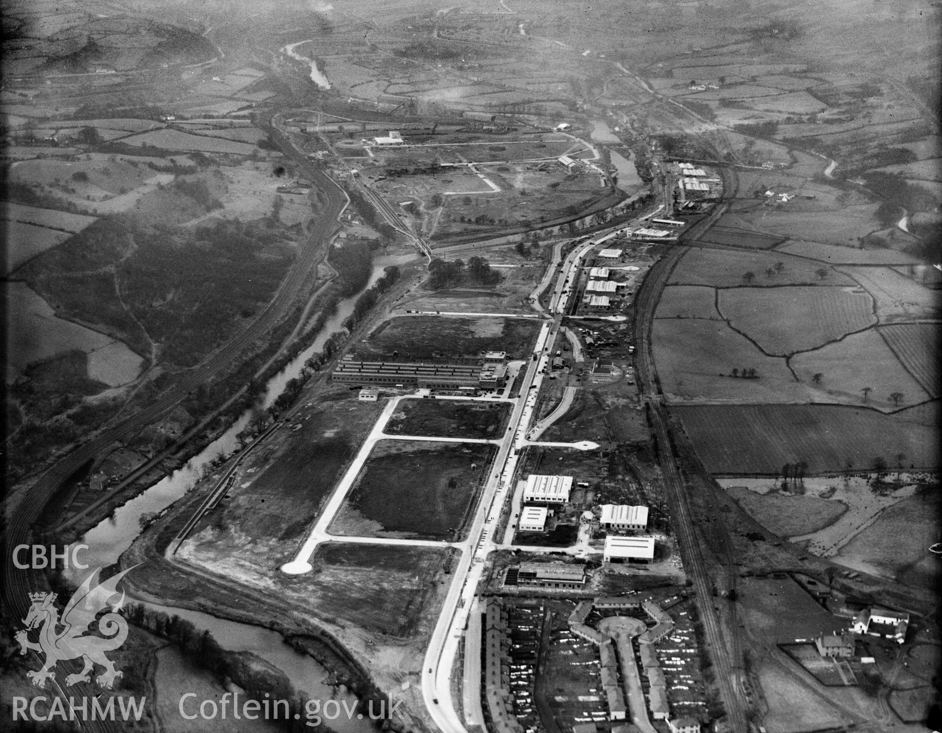 View of the Treforest trading estate under construction, oblique aerial view. 5?x4? black and white glass plate negative.