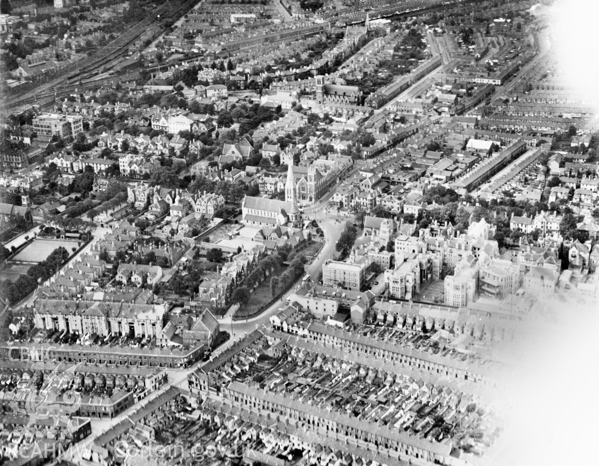 View of Adamstown area of Cardiff showing St James's church and the Royal Infirmary. Oblique aerial photograph, 5?x4? BW glass plate.