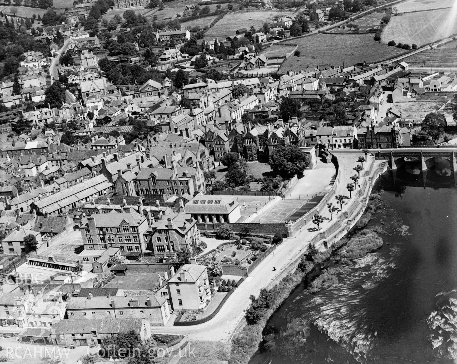 View of Monmouth showing school, oblique aerial view. 5?x4? black and white glass plate negative.