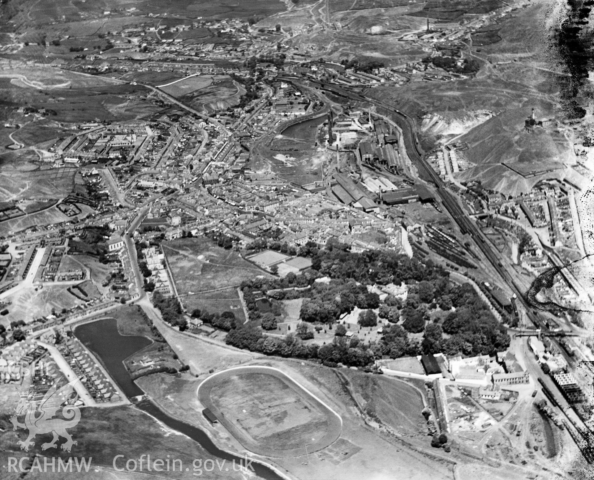View of Tredegar, Bedwellty Park and recreation ground, oblique aerial view. 5?x4? black and white glass plate negative.