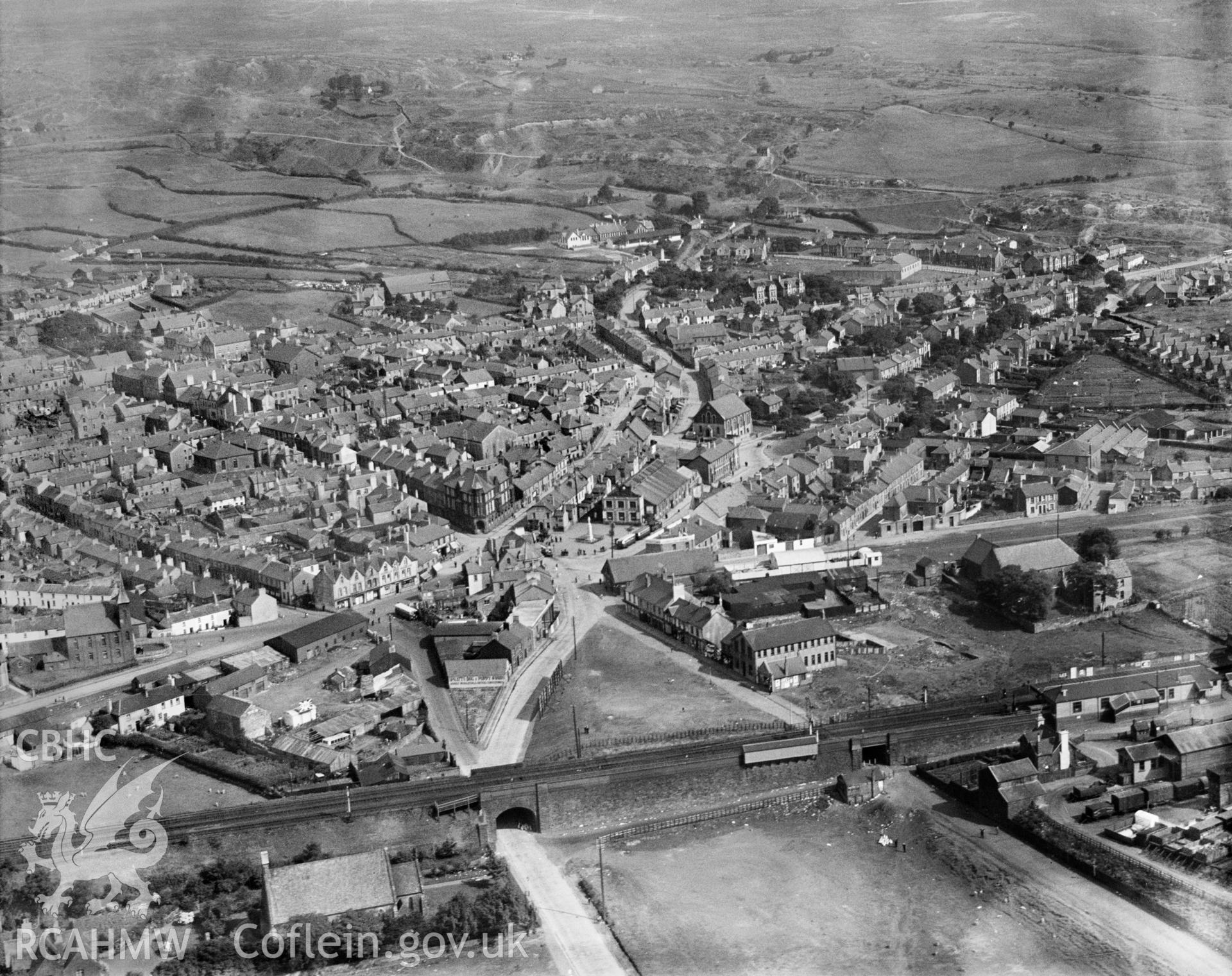 General view of Brynmawr, oblique aerial view. 5?x4? black and white glass plate negative.
