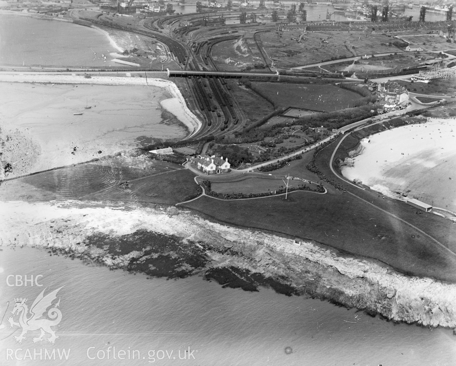 View of Barry showing Little Island and Friar's Point house, oblique aerial view. 5?x4? black and white glass plate negative.