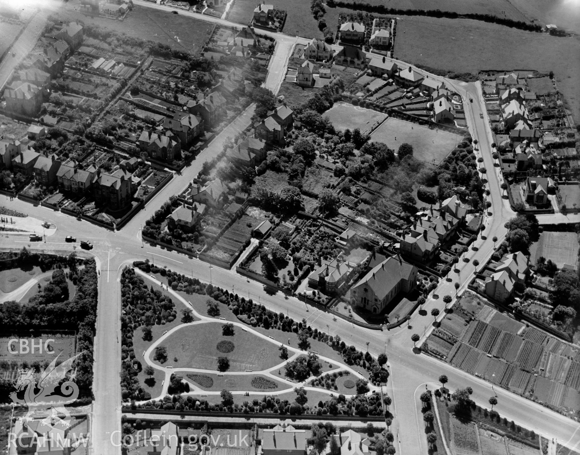 View of part of Old Conwy showing Wynn Gardens, oblique aerial view. 5?x4? black and white glass plate negative.