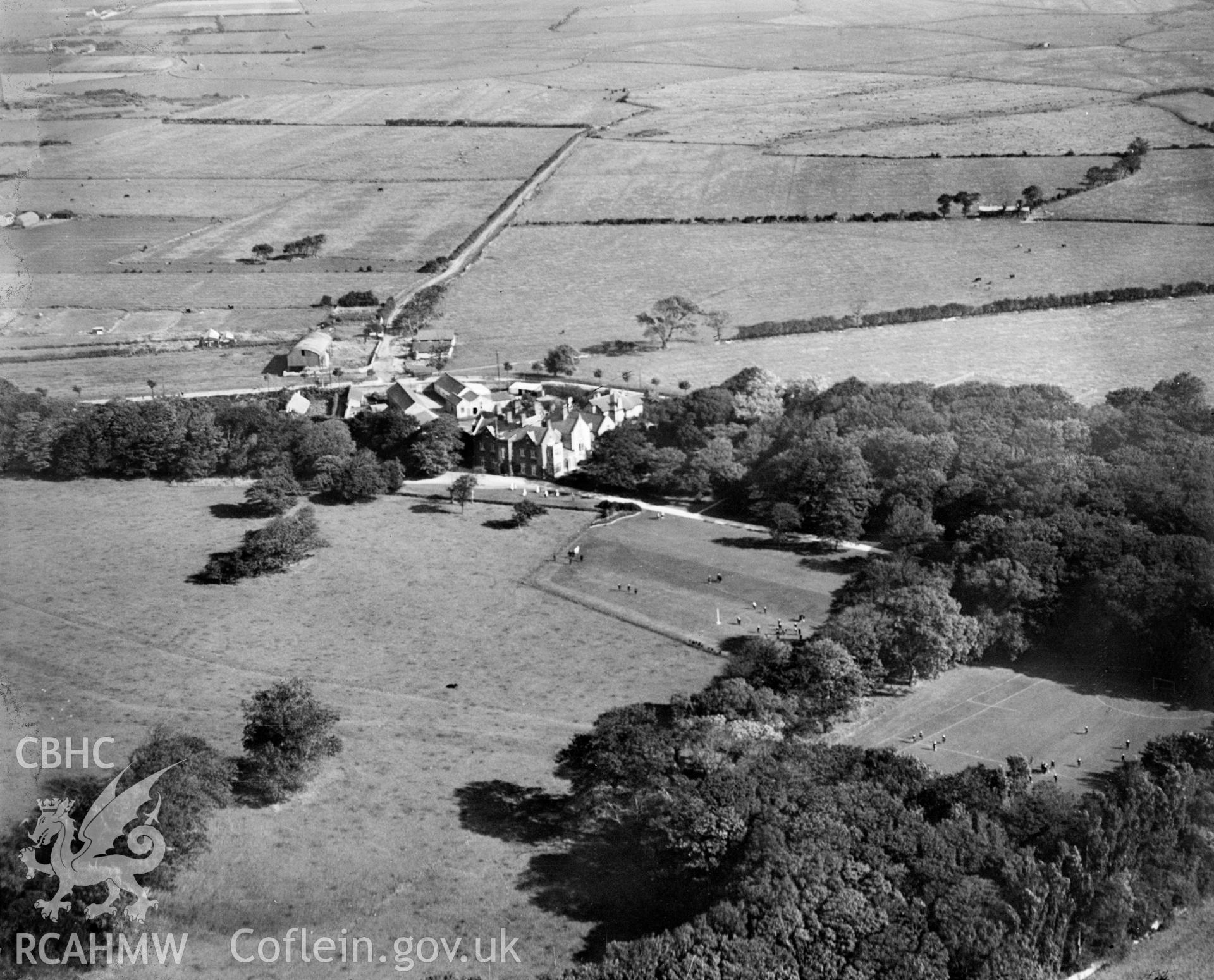 View of Pentre Mawr School, Abergele, taken for Messrs E & J Sales, oblique aerial view. 5?x4? black and white glass plate negative.
