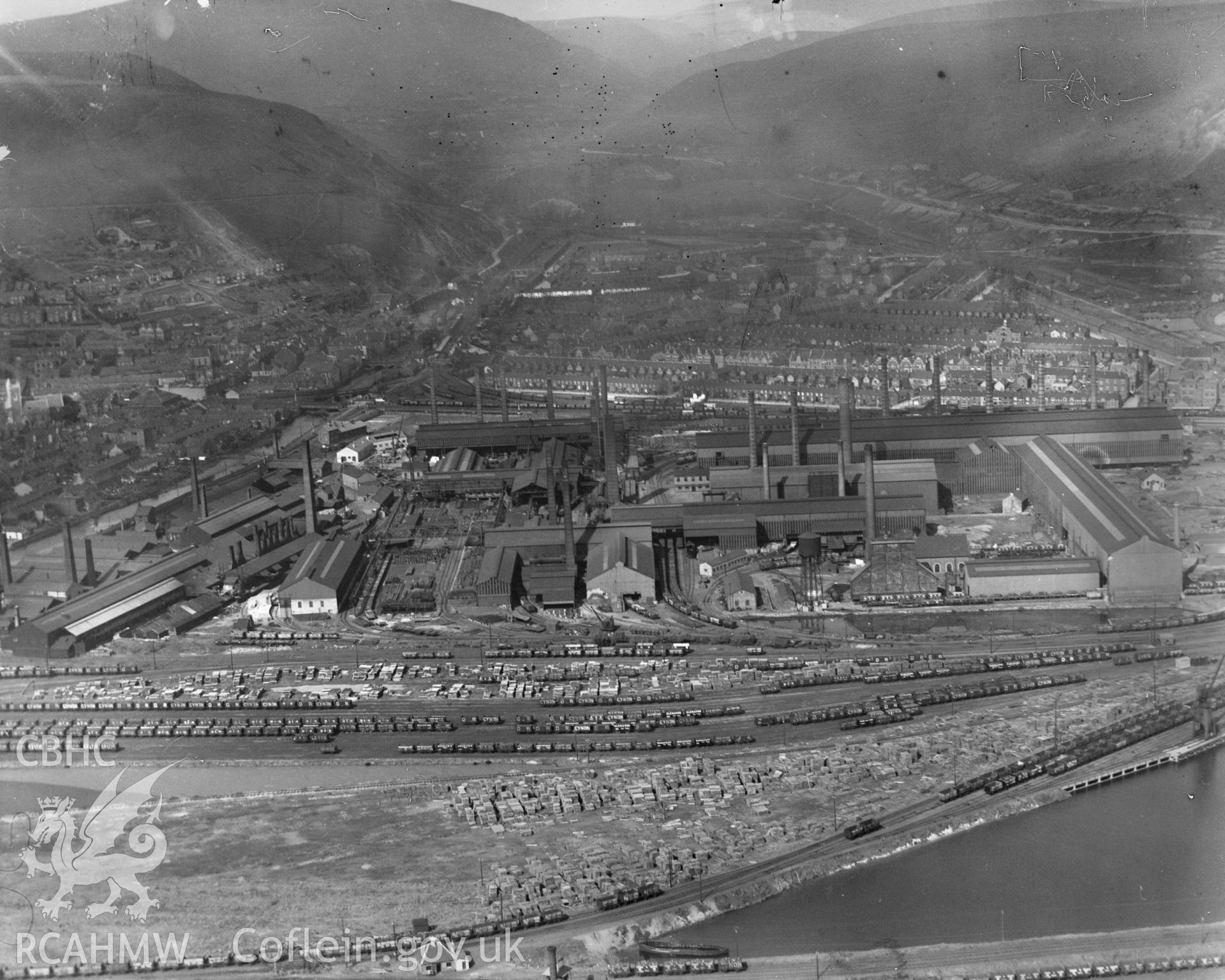 View of Aberavon showing steelworks, oblique aerial view. 5?x4? black and white glass plate negative.