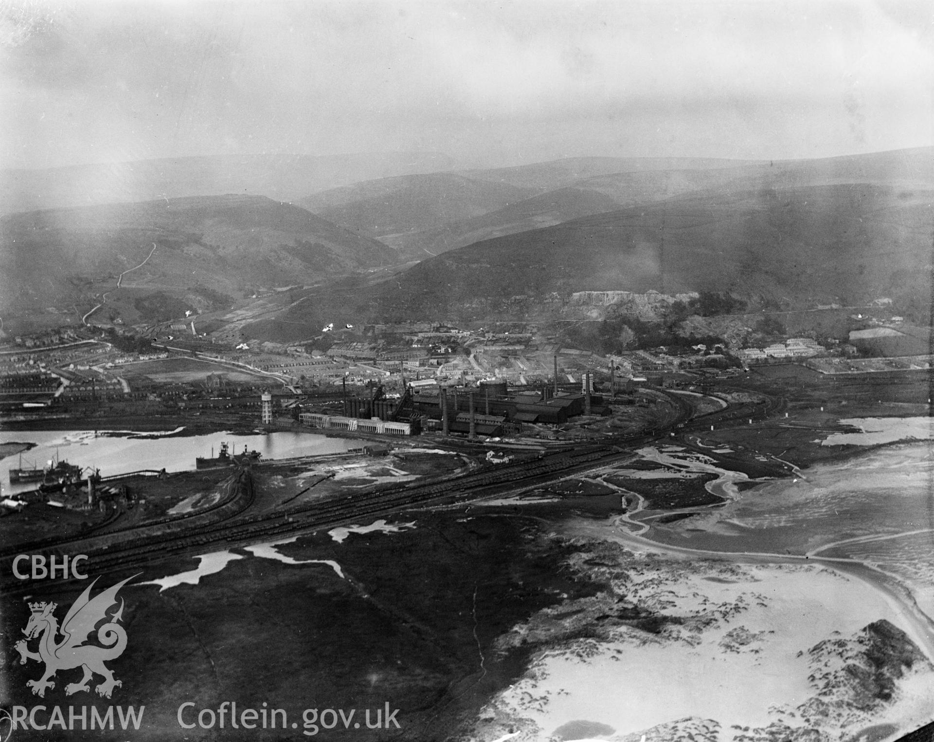 General view of Port Talbot showing docks, oblique aerial view. 5?x4? black and white glass plate negative.