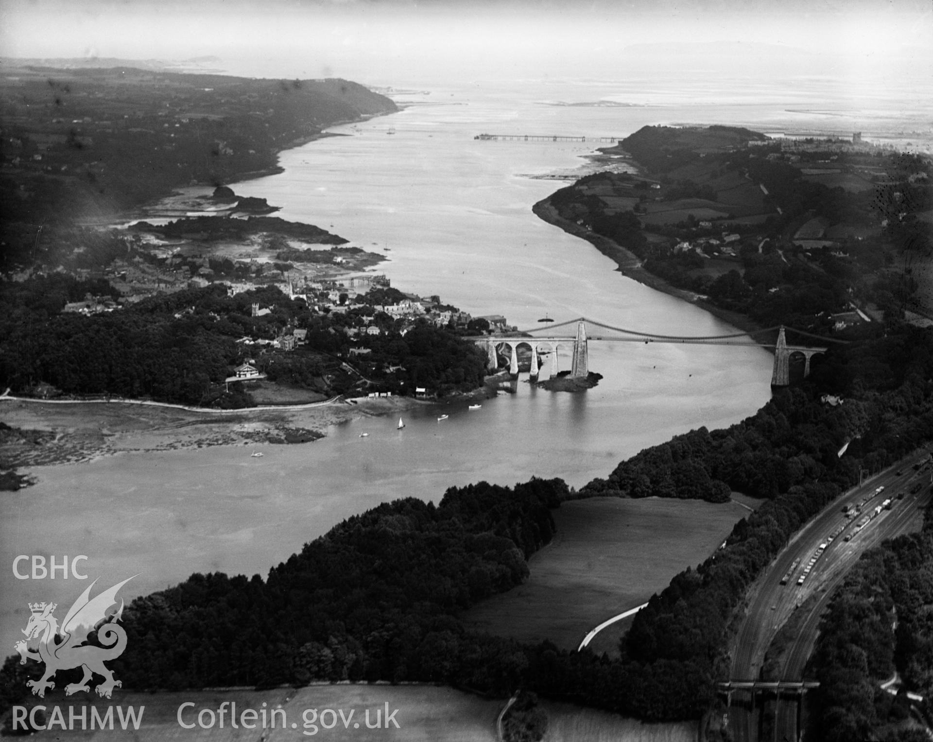 View of the Menai suspension bridge, Bangor, oblique aerial view. 5?x4? black and white glass plate negative.