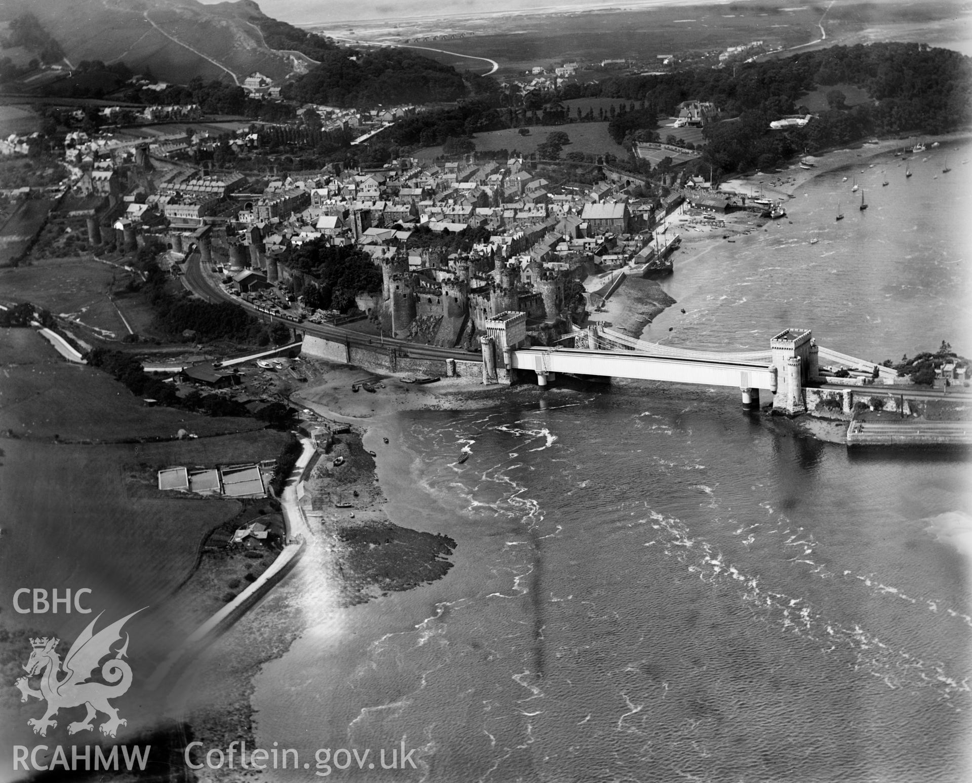 View of Conwy showing bridges and mussel purification farm, oblique aerial view. 5?x4? black and white glass plate negative.