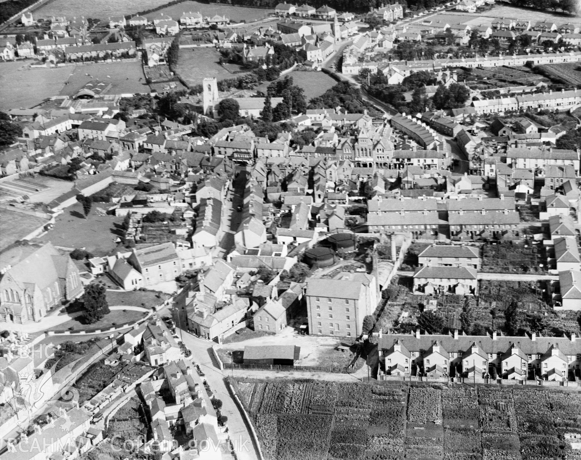 General view of Abergele, oblique aerial view. 5?x4? black and white glass plate negative.
