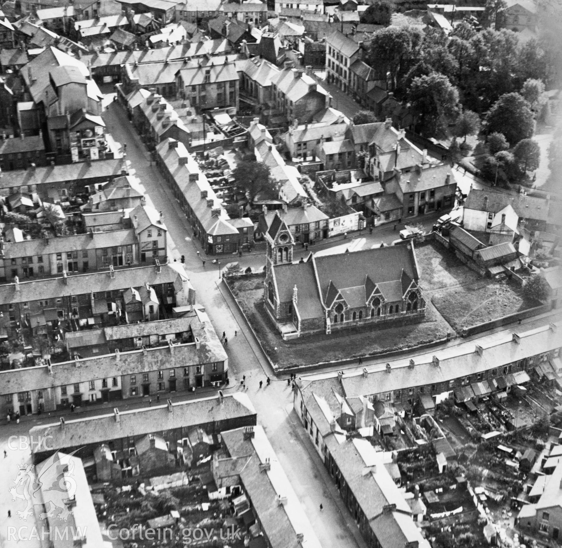 View of Aberdare showing St Mary's church. Oblique aerial photograph, 5?x4? BW glass plate.