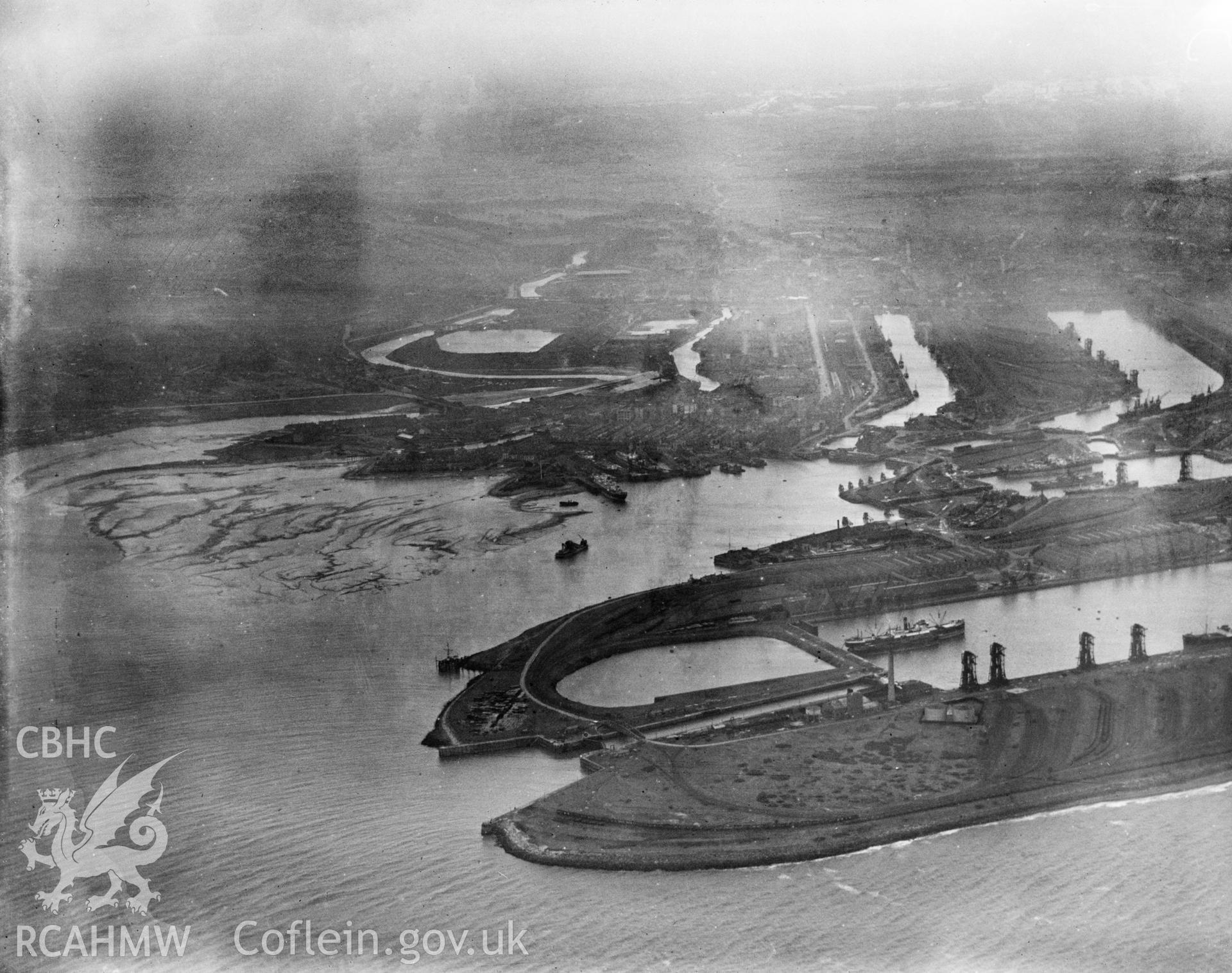 Distant view of Cardiff docks, oblique aerial view. 5?x4? black and white glass plate negative.