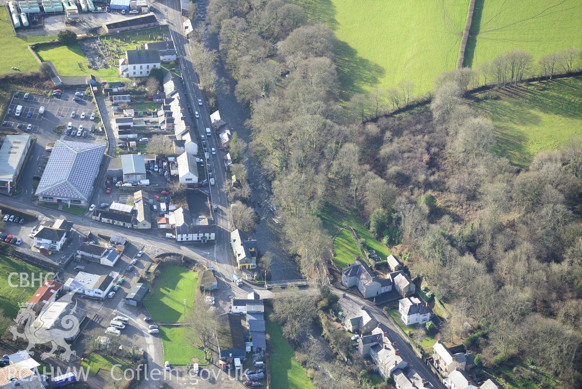 Pen-y-Bont Baptist Church and Vestry; Llandysul Bridge and Tyssil Castle, Llandysul. Oblique aerial photograph taken during the Royal Commission's programme of archaeological aerial reconnaissance by Toby Driver on 6th January 2015.