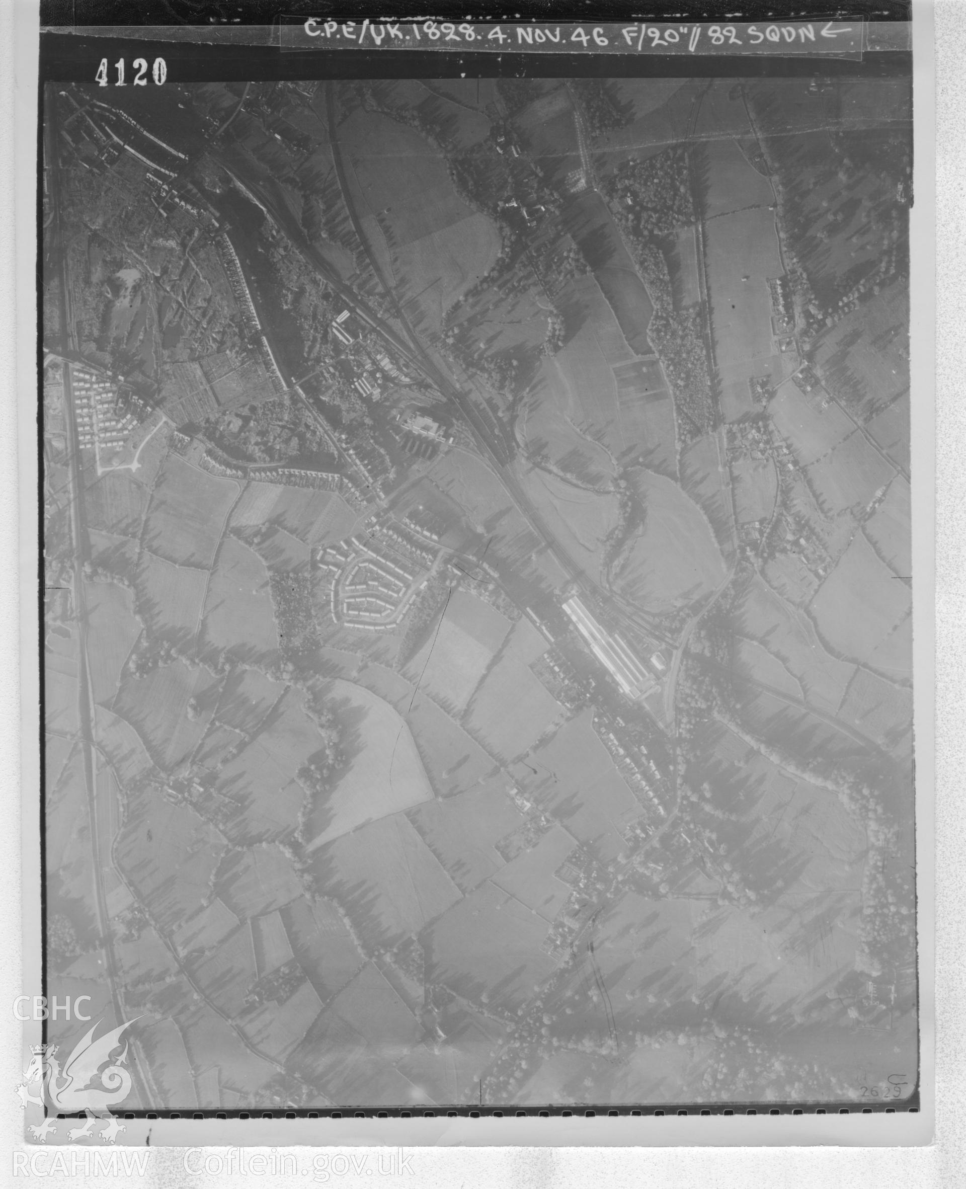 Aerial photograph of Cwmbran, taken on 4th November 1946. Included as part of Archaeology Wales' desk based assessment of former Llantarnam Community Primary School, Croeswen, Oakfield, Cwmbran, conducted in 2017.