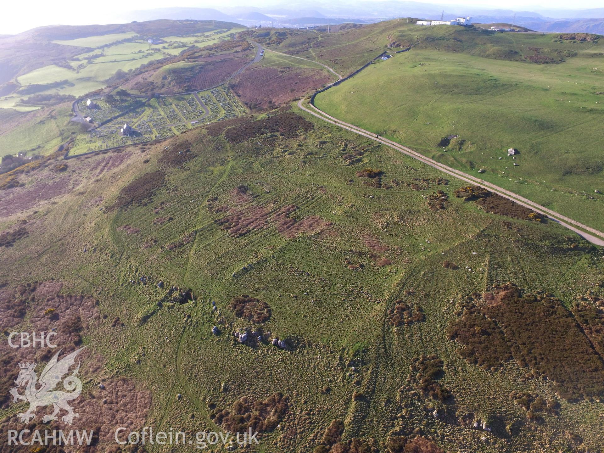Colour photo showing aerial view of Hwylfa'r Ceirw deserted rural settlement on the Great Orme, Llandudno, taken by Paul R. Davis, 19th April 2018.