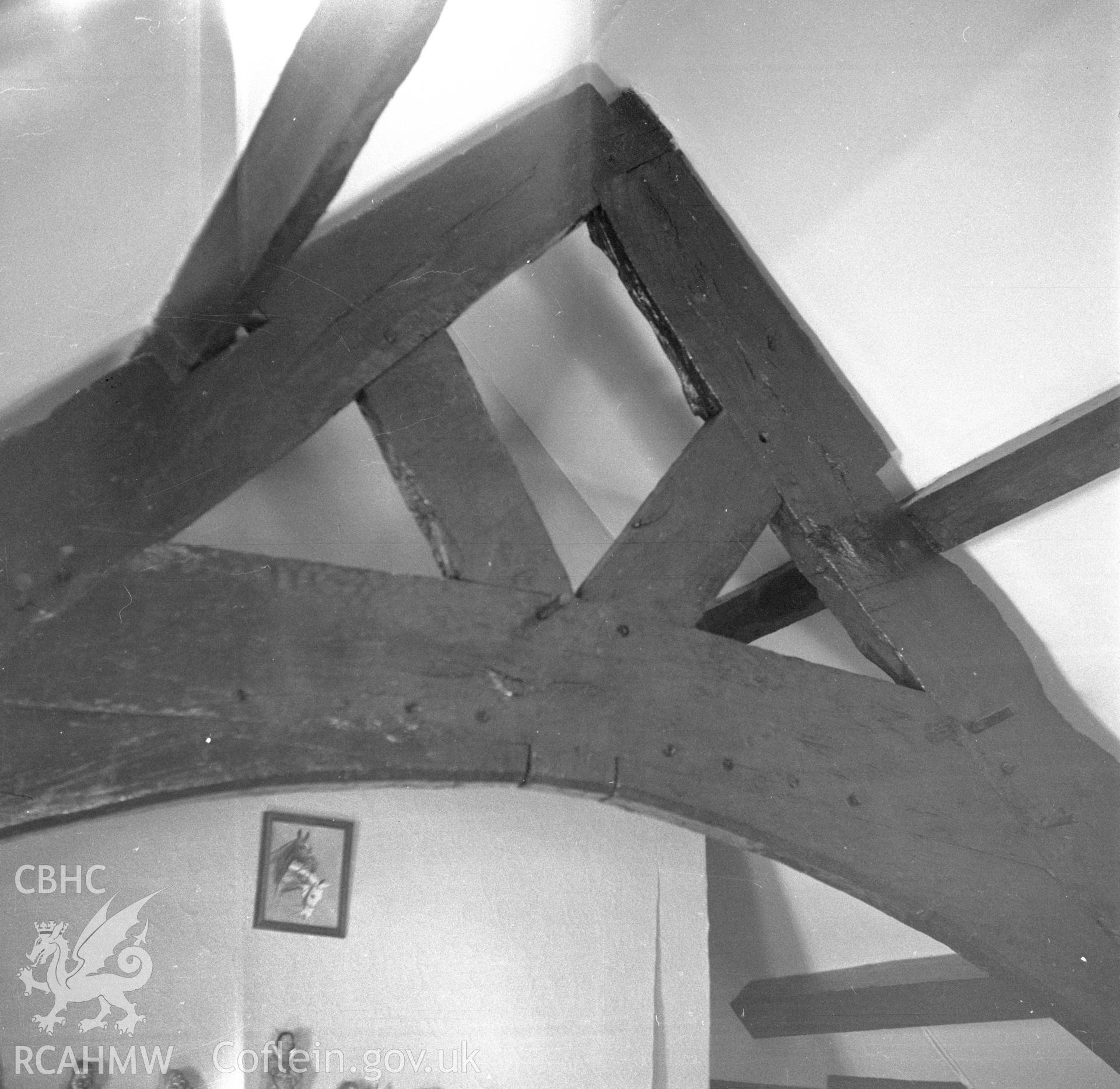 Digital copy of a nitrate negative showing cruck at Pen Isaf, Glascoed, Bodelwydden, Flintshire.