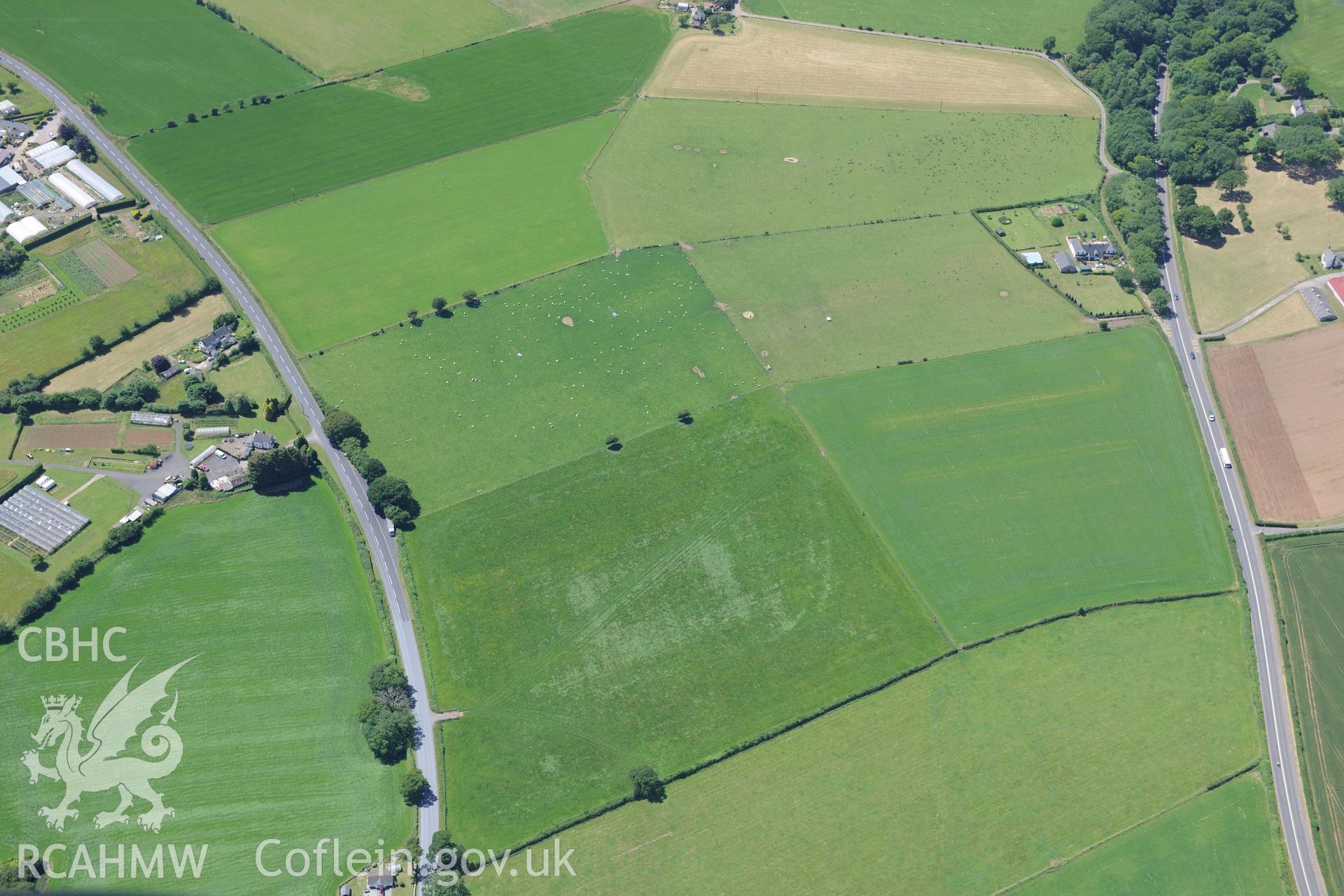 Killcrow Hill Roman Marching Camp, between Chepstow and Newport. Oblique aerial photograph taken during the Royal Commission's programme of archaeological aerial reconnaissance by Toby Driver on 29th June 2015
