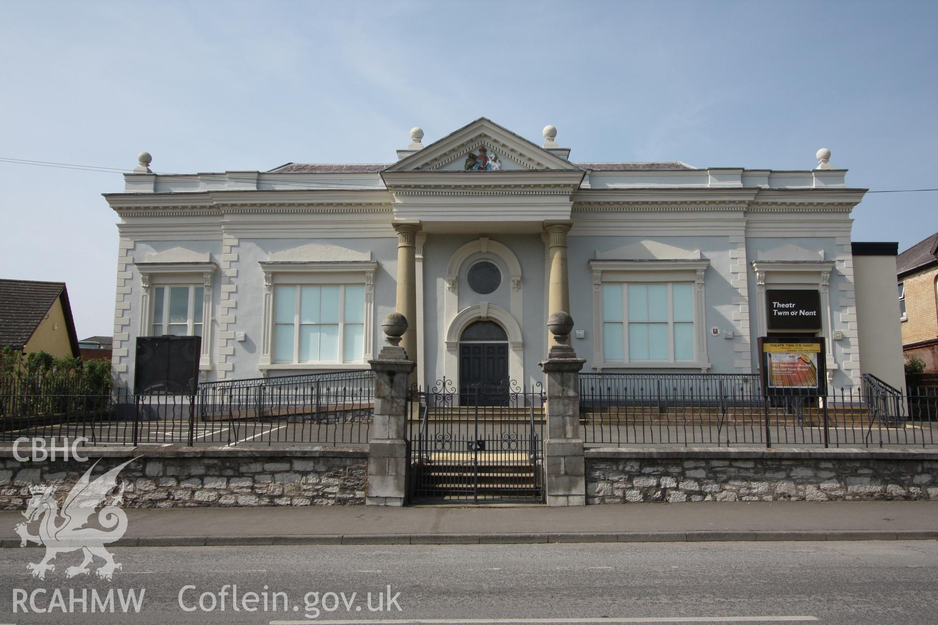 Colour photograph showing exterior view of Theatr Twm o'r Nant (otherwise known as the Dr. Pierce Memorial Hall). Photographed during survey conducted by Geoff Ward in May 2012.