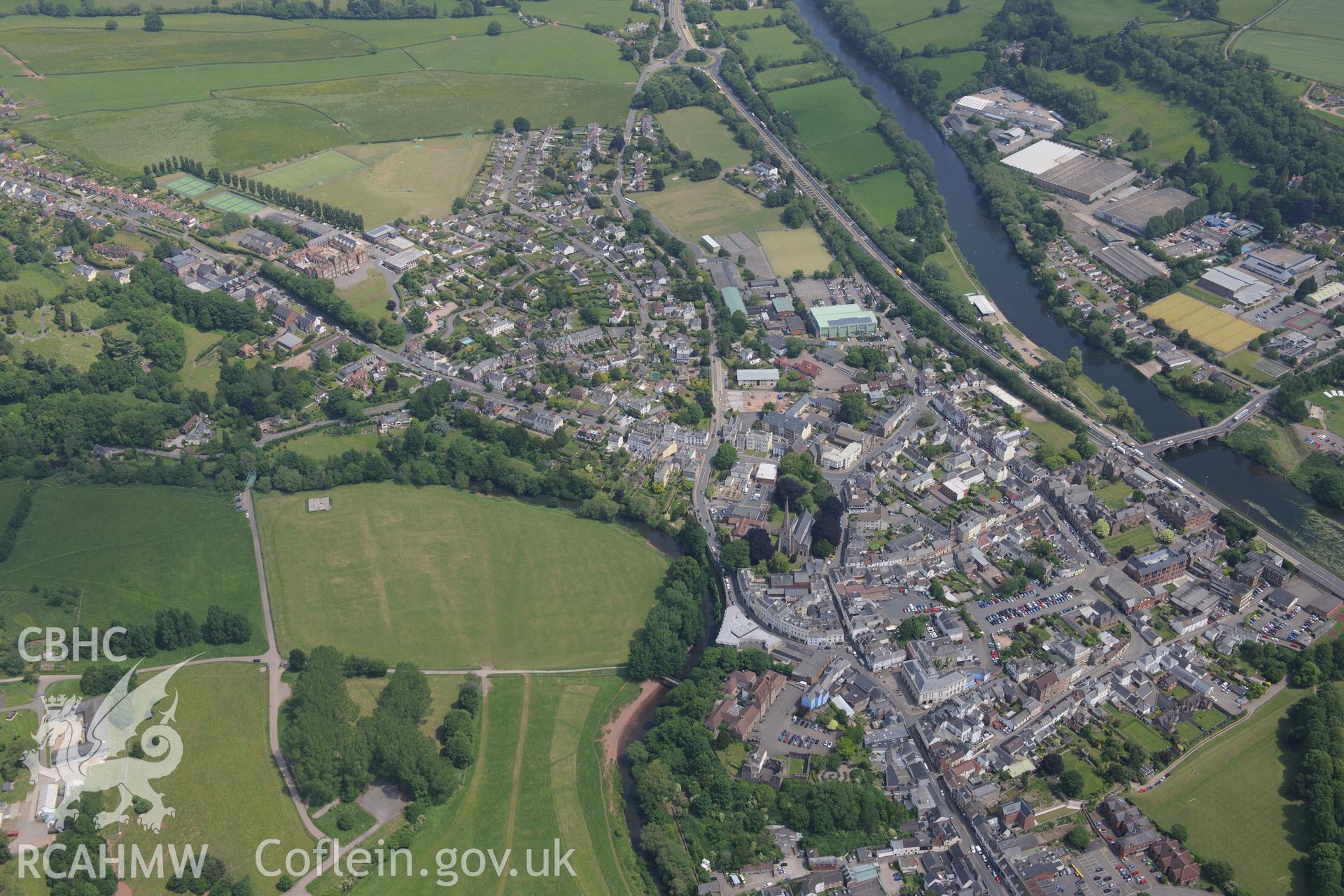 Monmouth town and the Wye Bridge. Oblique aerial photograph taken during the Royal Commission's programme of archaeological aerial reconnaissance by Toby Driver on 11th June 2015.