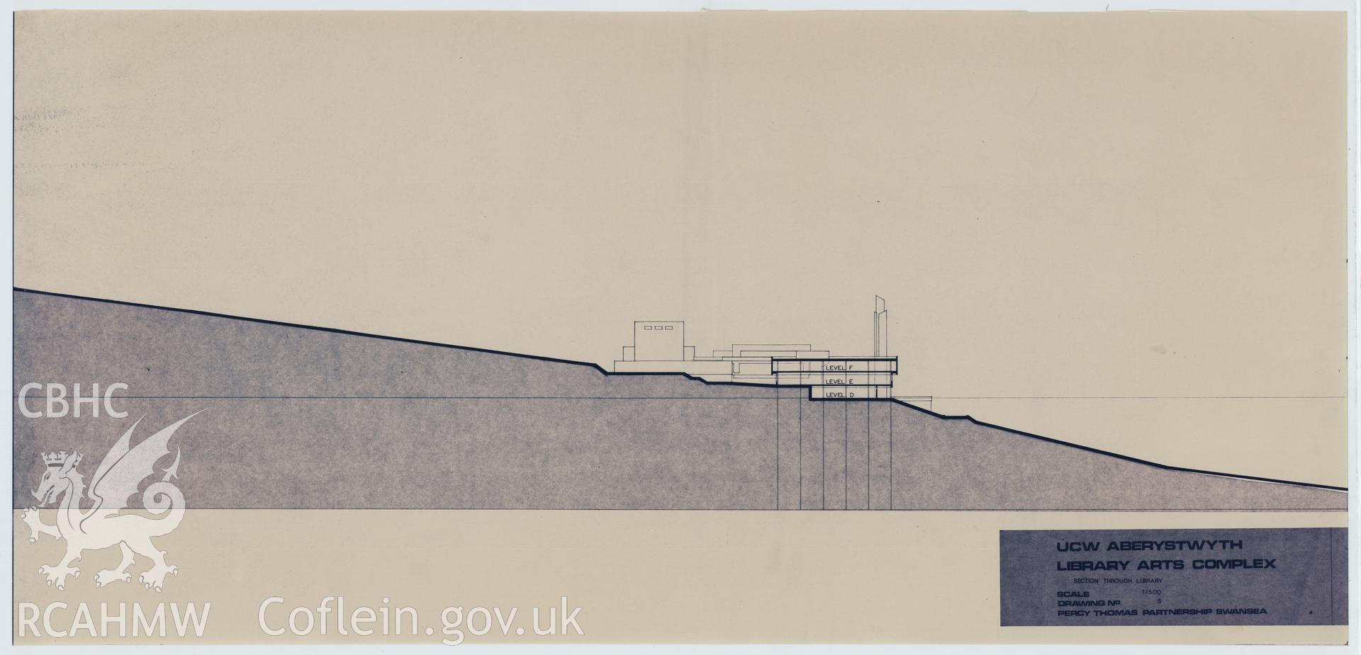 Digital copy of Drawing No 5, section through library at the proposed Library Arts Complex at University College Aberystwyth, produced by Percy Thomas Partnership. Scale 1:500.